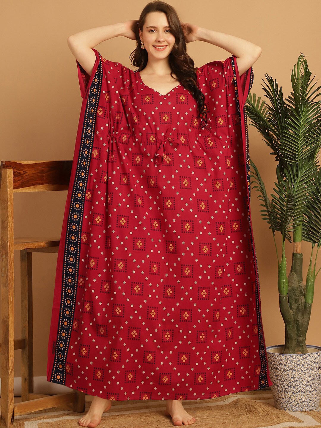 

Secret Wish Plus Size Geometric Printed V-Neck Pure Cotton Maxi Kaftan Nightdress, Red