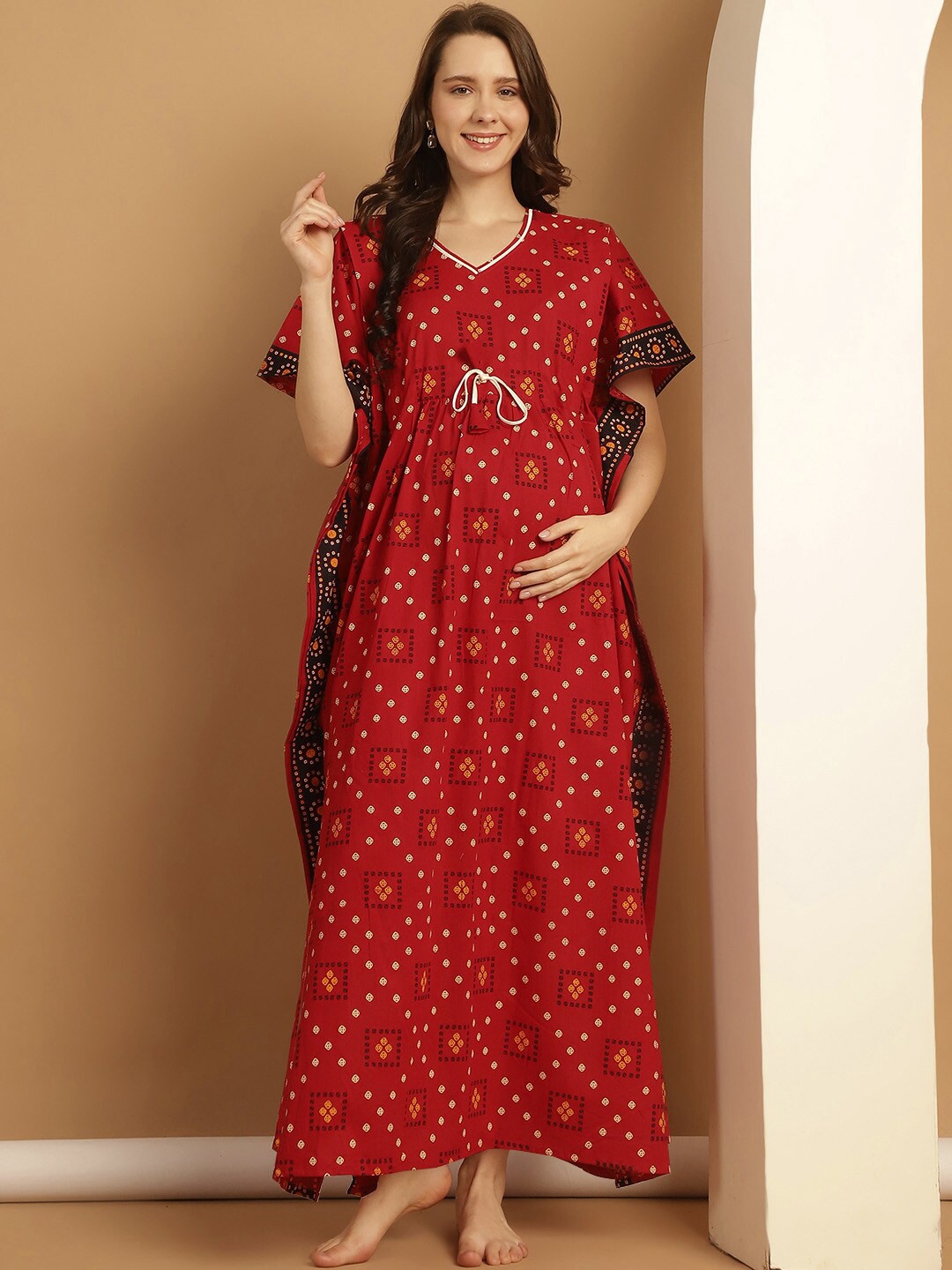 

Secret Wish Geometric Printed V-Neck Pure Cotton Maxi Maternity Kaftan Nightdress, Red