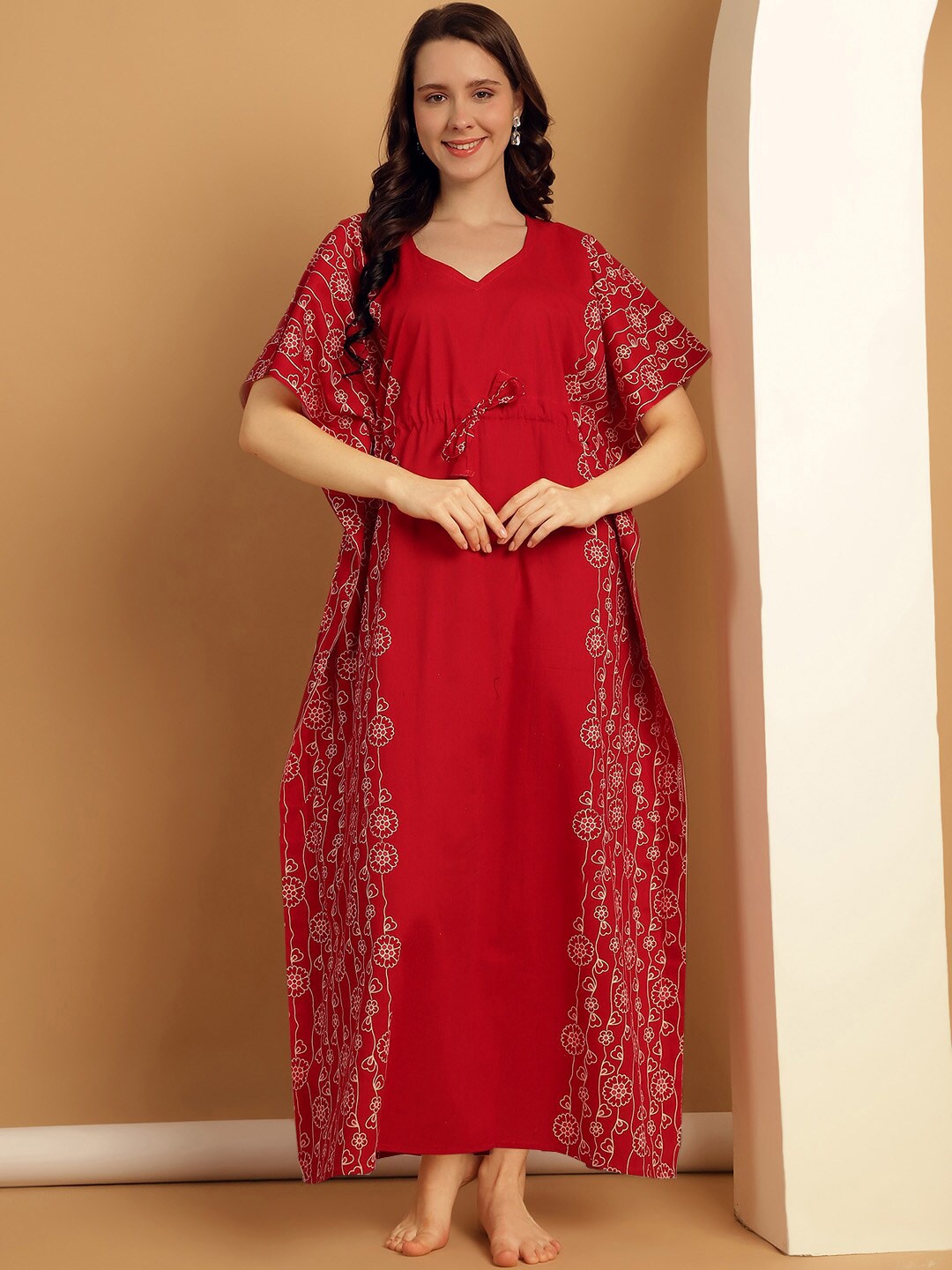 

Secret Wish Ethnic Motifs Printed V-Neck Pure Cotton Maxi Kaftan Nightdress, Red