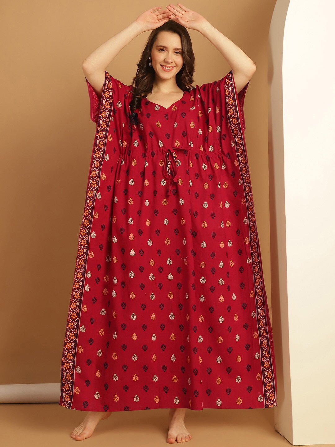 

Secret Wish Plus Size Ethnic Motifs Printed V-Neck Pure Cotton Maxi Kaftan Nightdress, Red