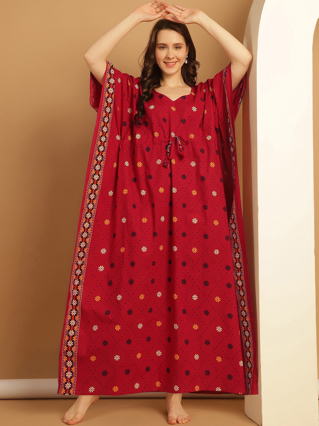 Secret Wish Plus Size Floral Printed V-Neck Pure Cotton Maxi Kaftan Nightdress, Red
