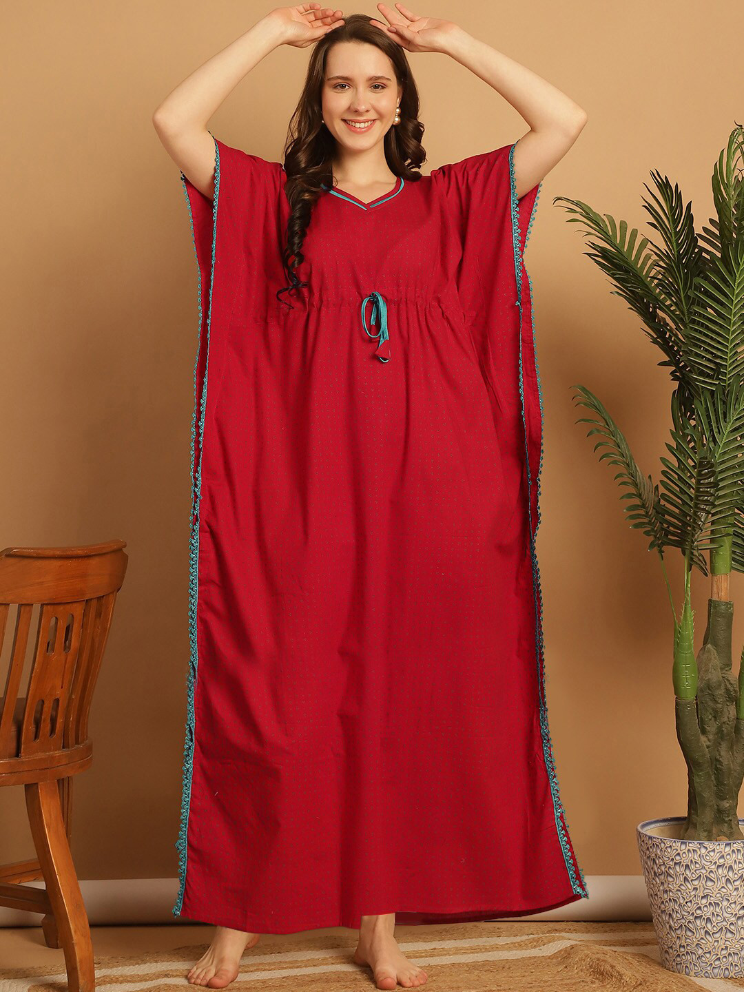 

Secret Wish Polka Dots Printed Pure Cotton Maxi Kaftan Nightdress, Red