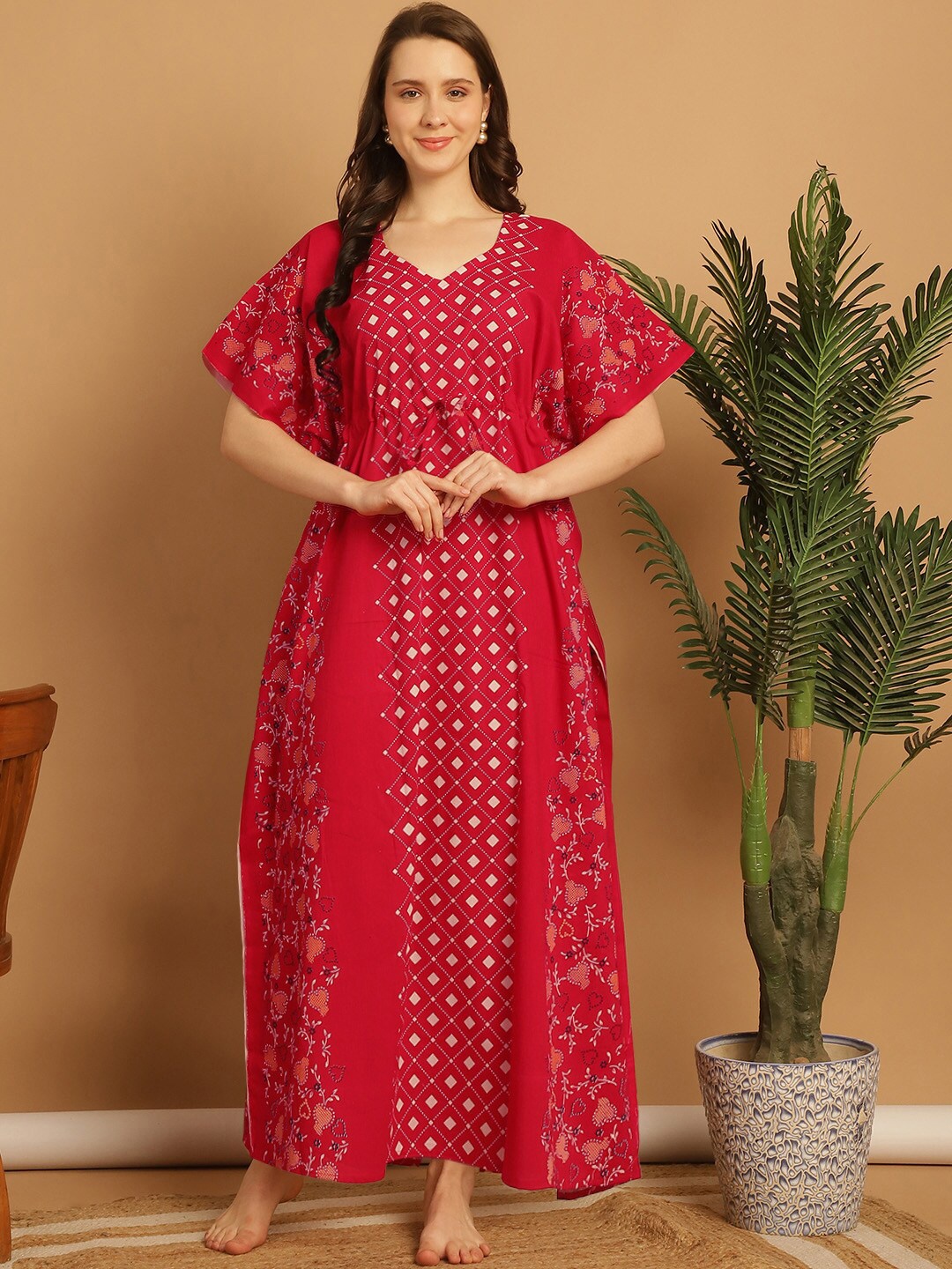 

Secret Wish Ethnic Motifs Printed V-Neck Pure Cotton Maxi Kaftan Nightdress, Red