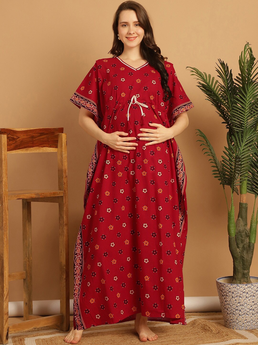 

Secret Wish Floral Printed V-Neck Pure Cotton Maxi Maternity Kaftan Nighty, Red