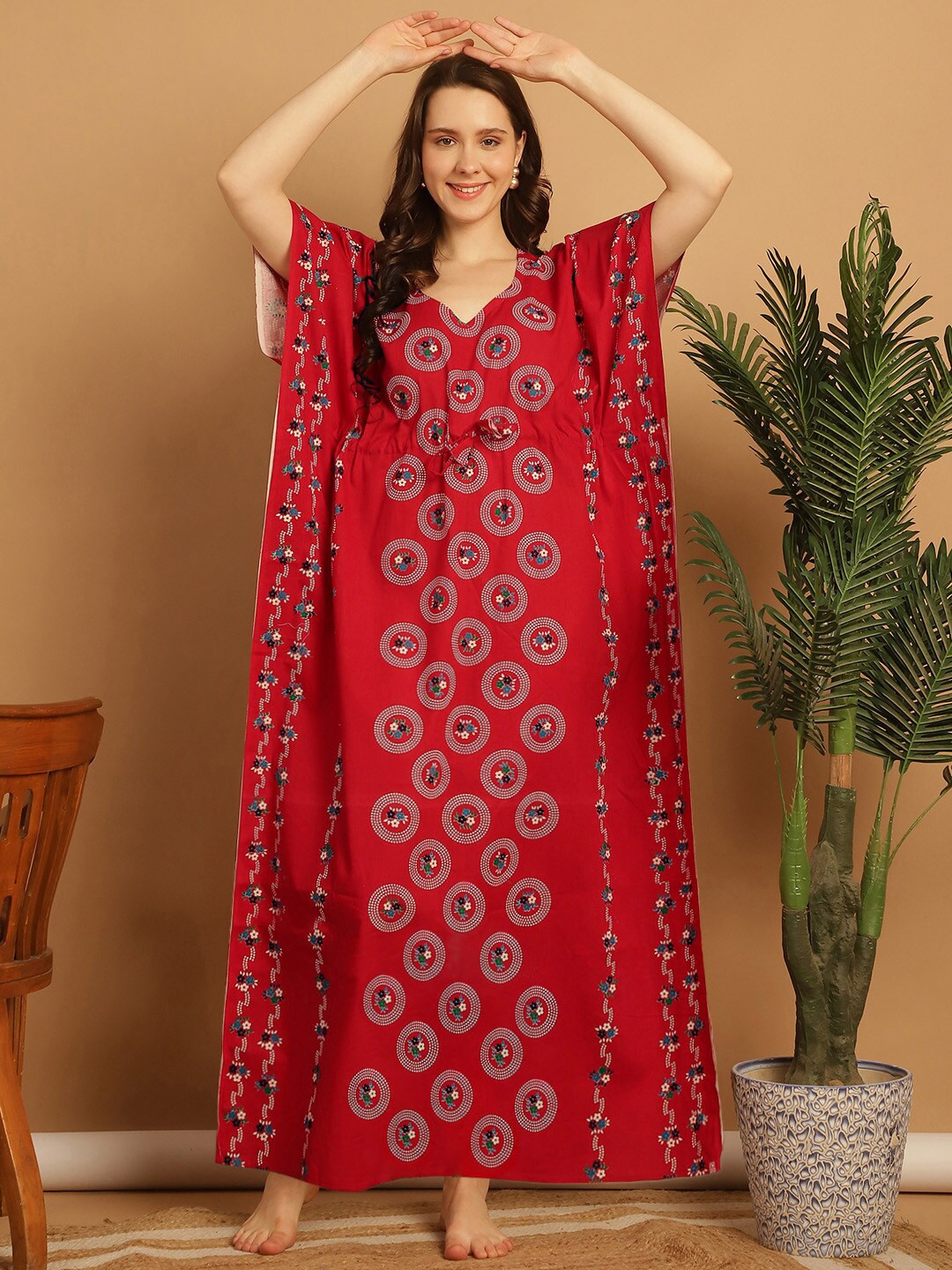 

Secret Wish Floral Printed V-Neck Pure Cotton Maxi Kaftan Nighty, Red