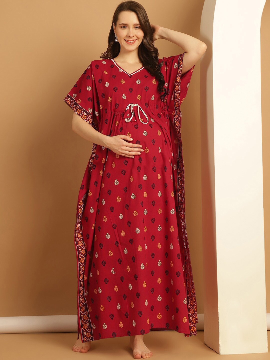 

Secret Wish Floral Printed V-Neck Pure Cotton Maxi Maternity Kaftan Nighty, Red