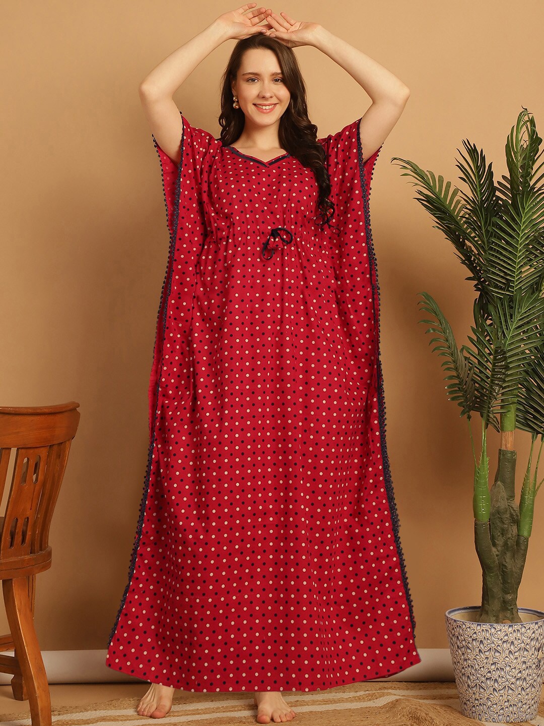 

Secret Wish Polka Dots Printed V-Neck Pure Cotton Maxi Kaftan Nightdress, Red