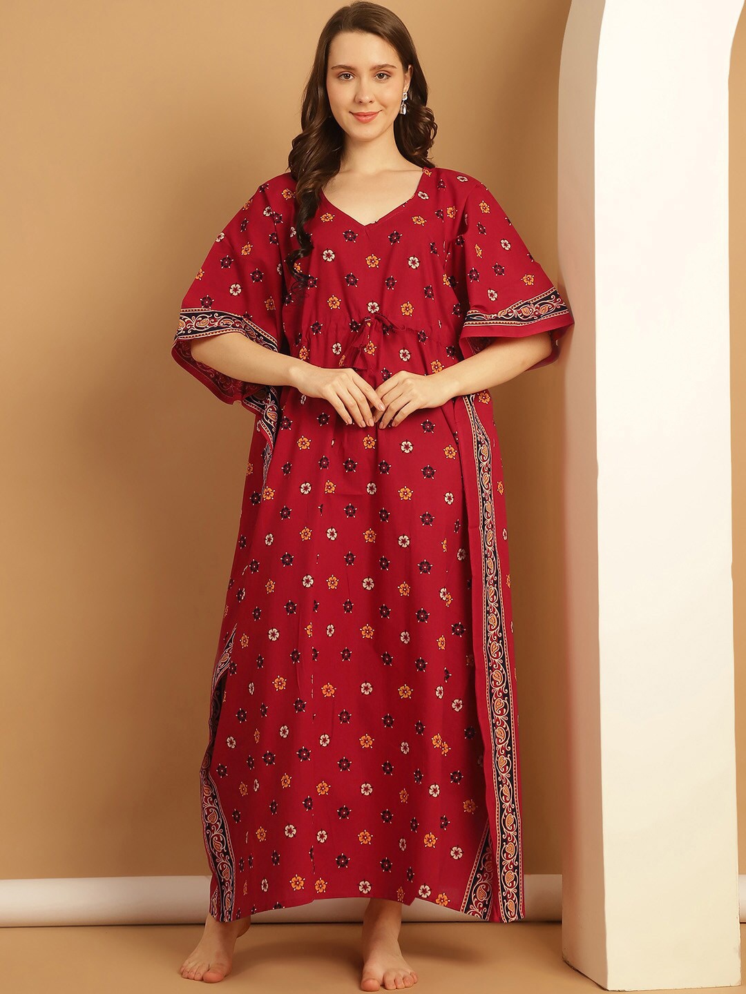 

Secret Wish Plus Size Floral Printed V-Neck Pure Cotton Maxi Kaftan Nightdress, Red