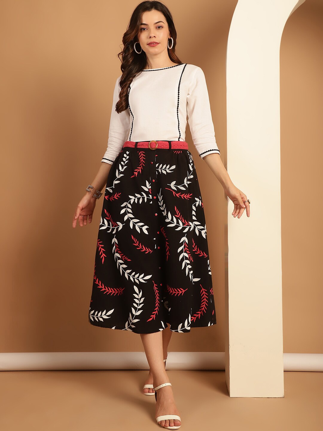Tulsattva Printed Top With Skirt & Belt Co-Ords, Black