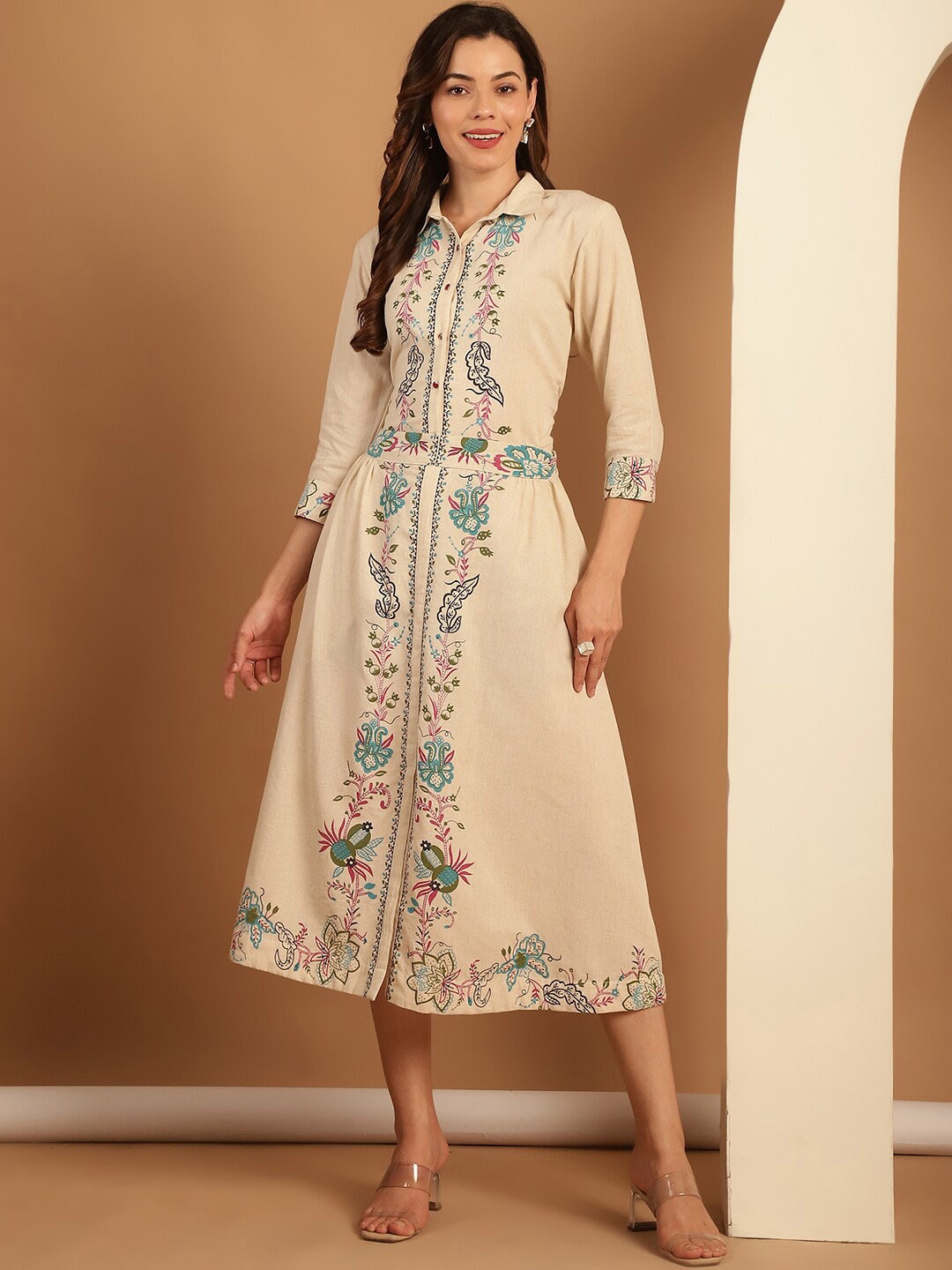 Tulsattva Printed Pure Cotton Shirt With Skirt Co-Ords, Beige