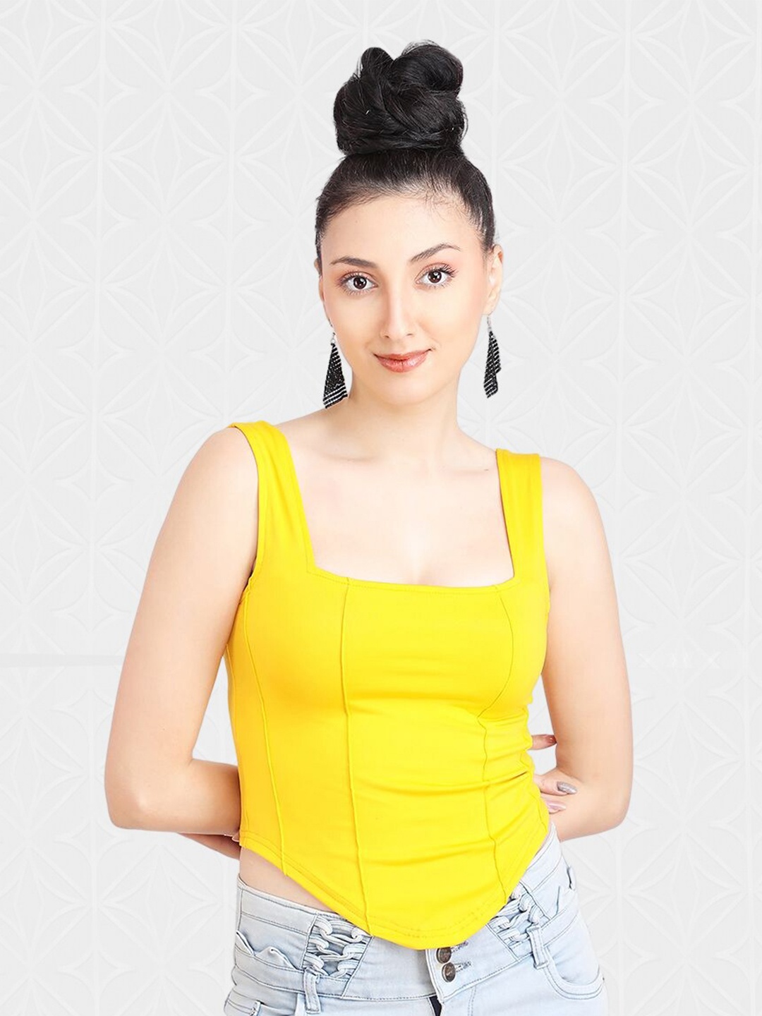 

Designer Bugs Shoulder Straps Fitted Crop Top, Yellow