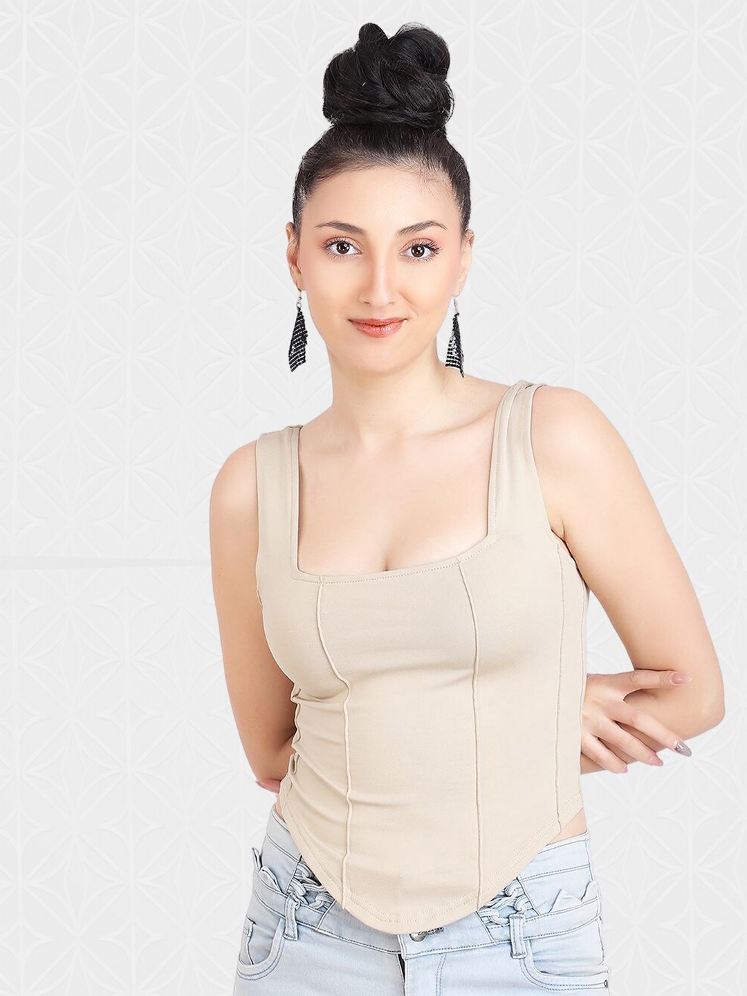 

Designer Bugs Shoulder Straps Fitted Crop Top, Beige