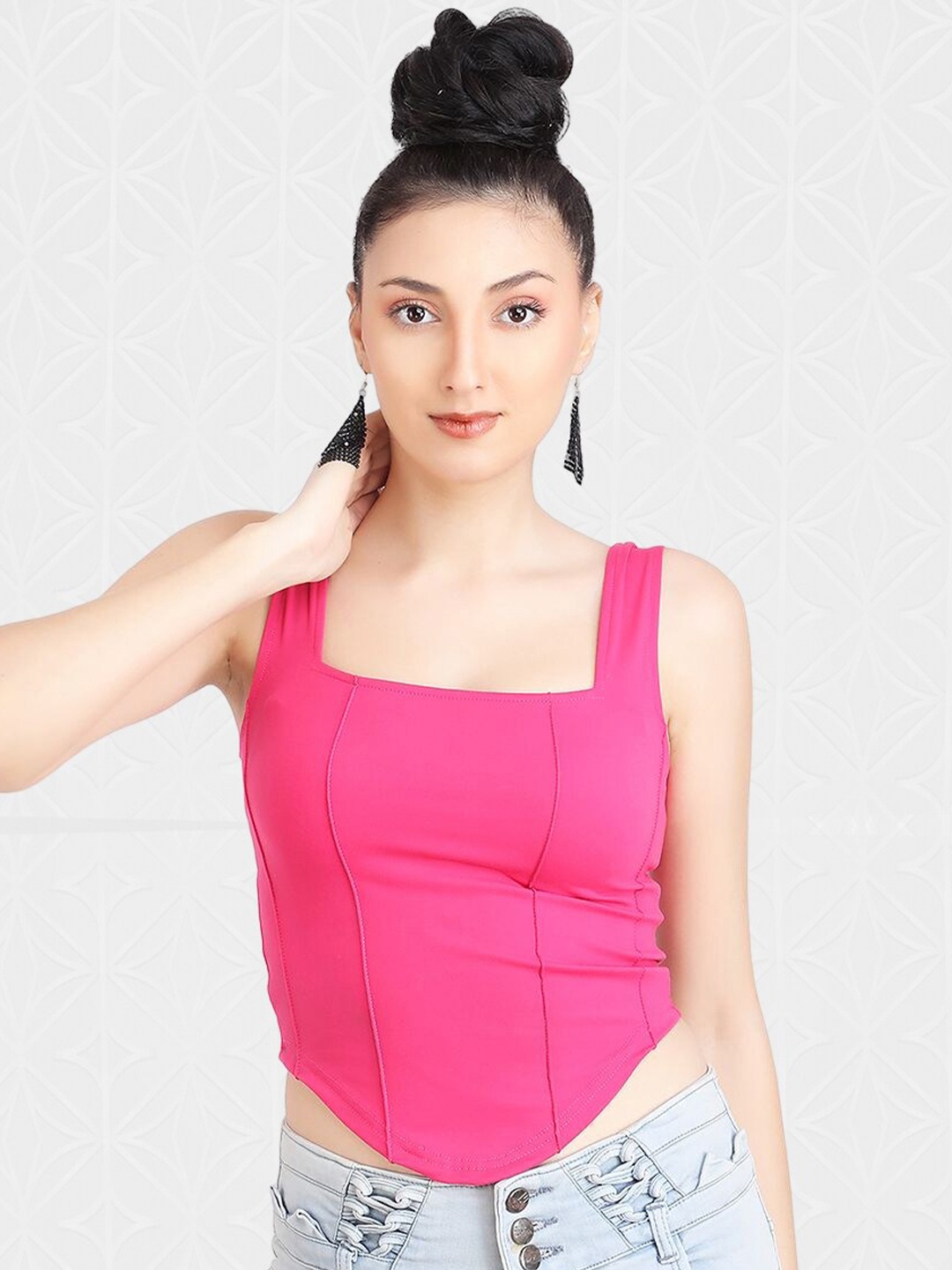 

Designer Bugs Shoulder Straps Fitted Crop Top, Pink