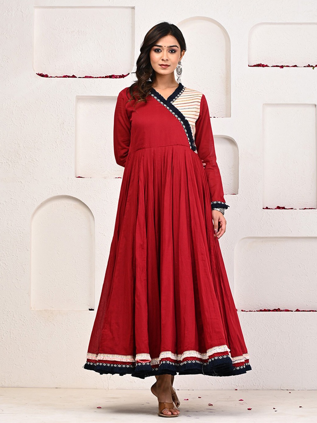 

ARAVALII Long Sleeves Cotton Fit & Flare Maxi Ethnic Dresses, Maroon