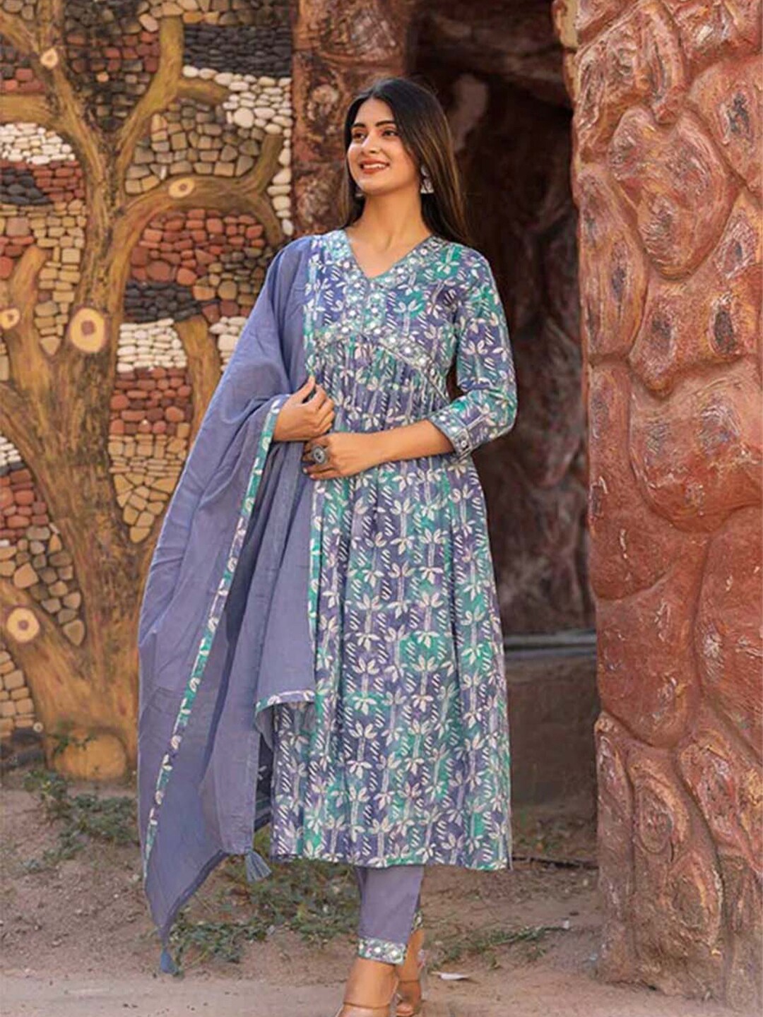 

ARAVALII Floral Printed Empire Mirror Work V-Neck Anarkali Kurta With Trouser & Dupatta, Blue