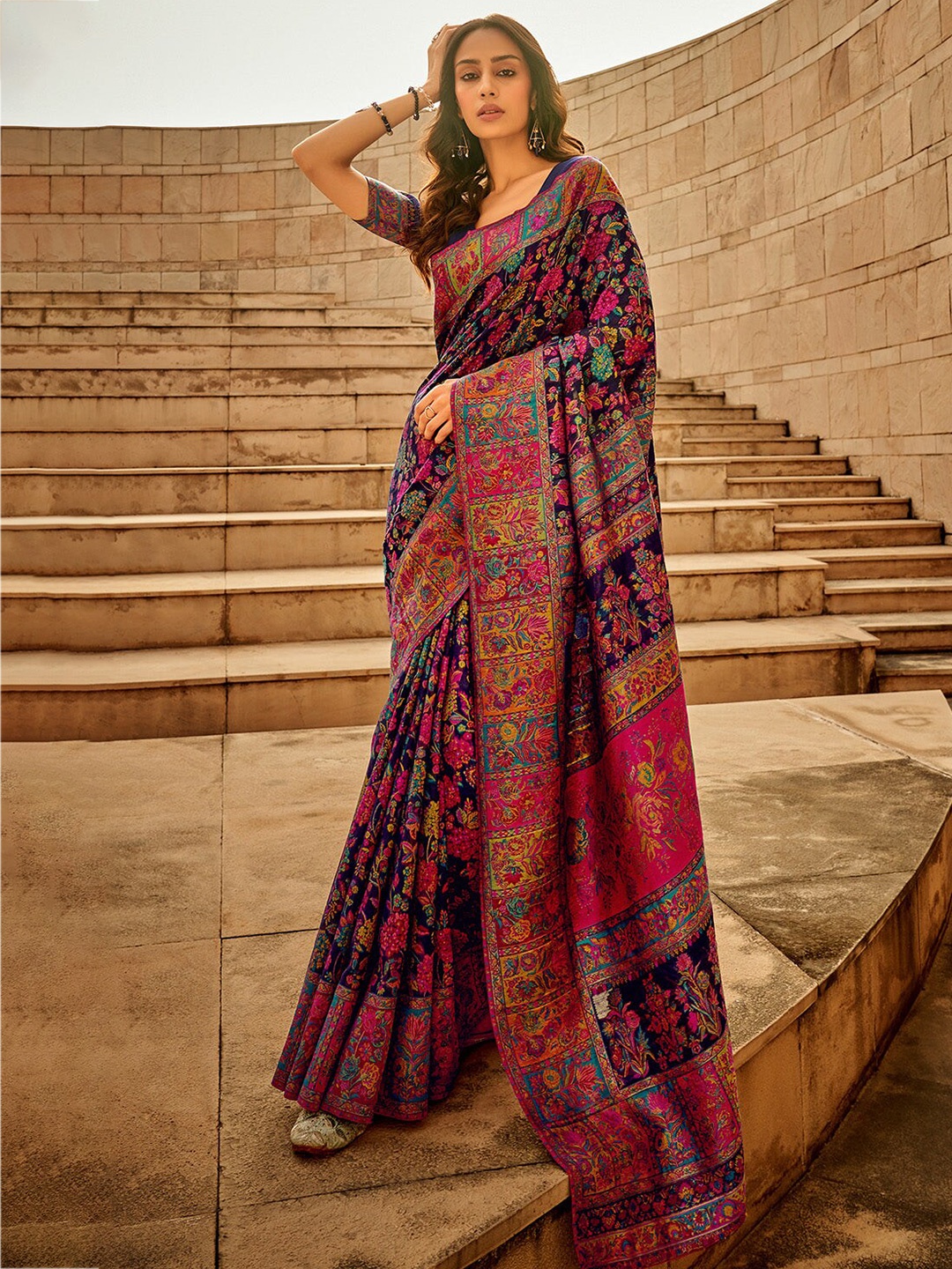 

DEVATITHI Floral Woven Design Pashmina Saree, Navy blue