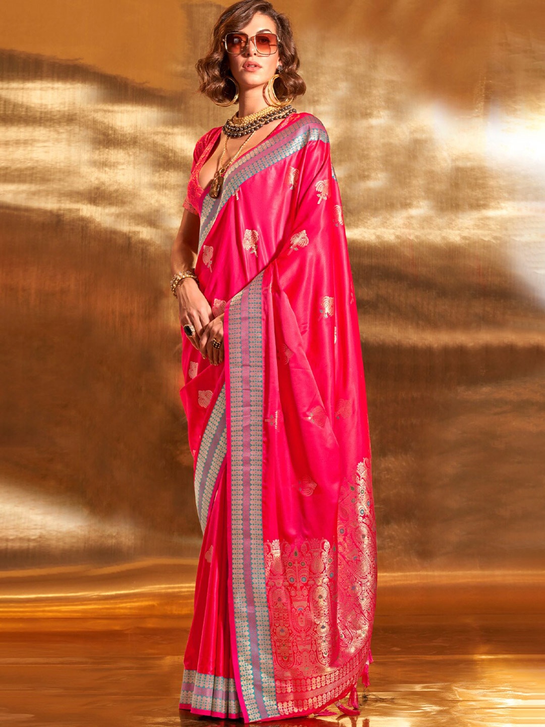 

DEVATITHI Floral Woven Design Satin Banarasi Zari Saree, Pink