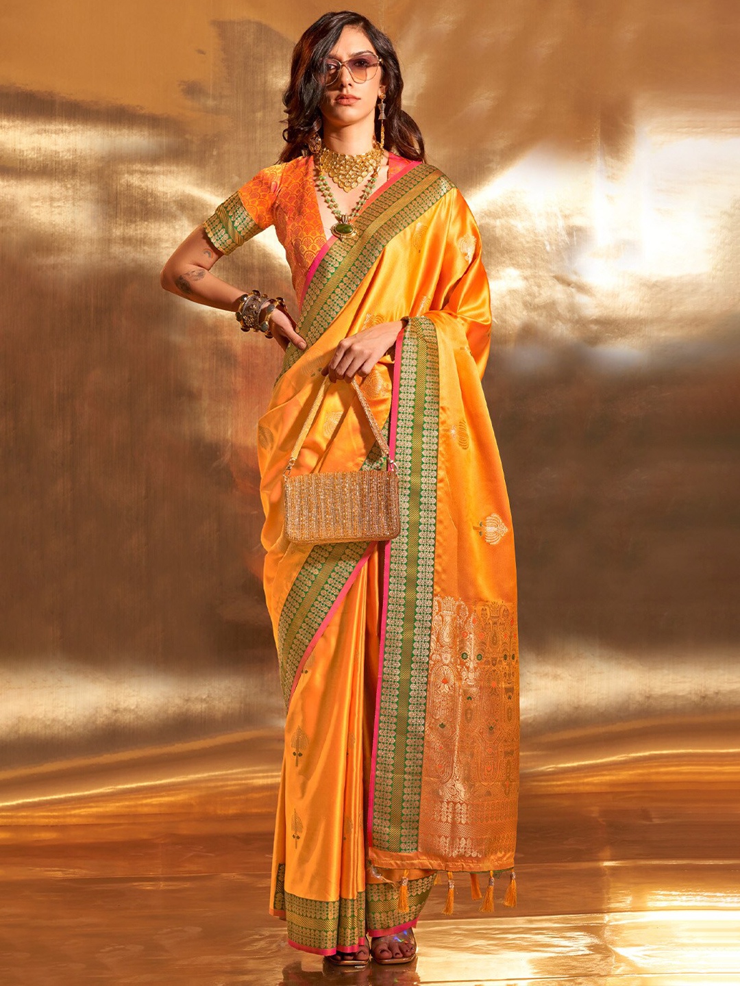 

DEVATITHI Woven Design Zari Satin Banarasi Saree, Yellow