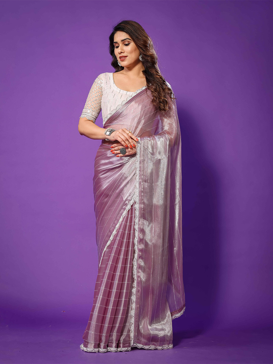 

DEVATITHI Woven Design Embroidered Tissue Tussar Saree, Purple
