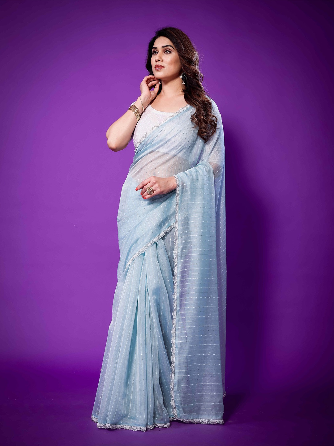 

DEVATITHI Embellished Beads and Stones Tissue Tussar Saree, Blue