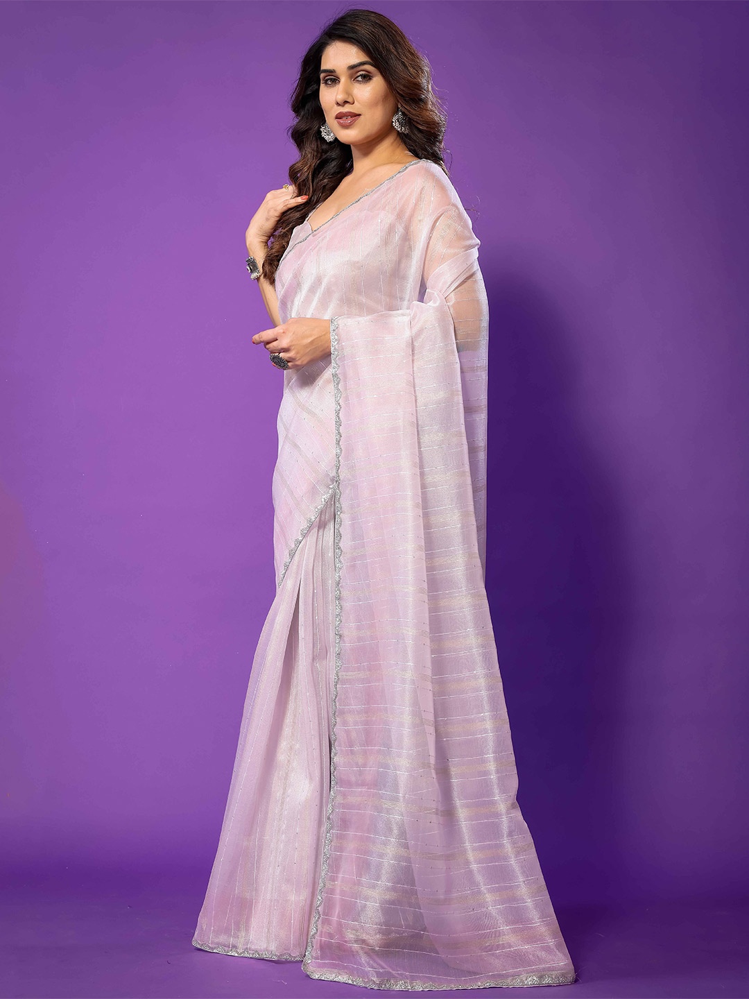 

DEVATITHI Embellished Beads and Stones Tissue Saree, Pink