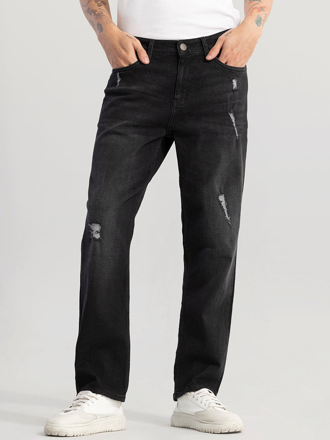 

Snitch Men Straight Fit Low Distress Light Fade Cotton Stretchable Jeans, Black