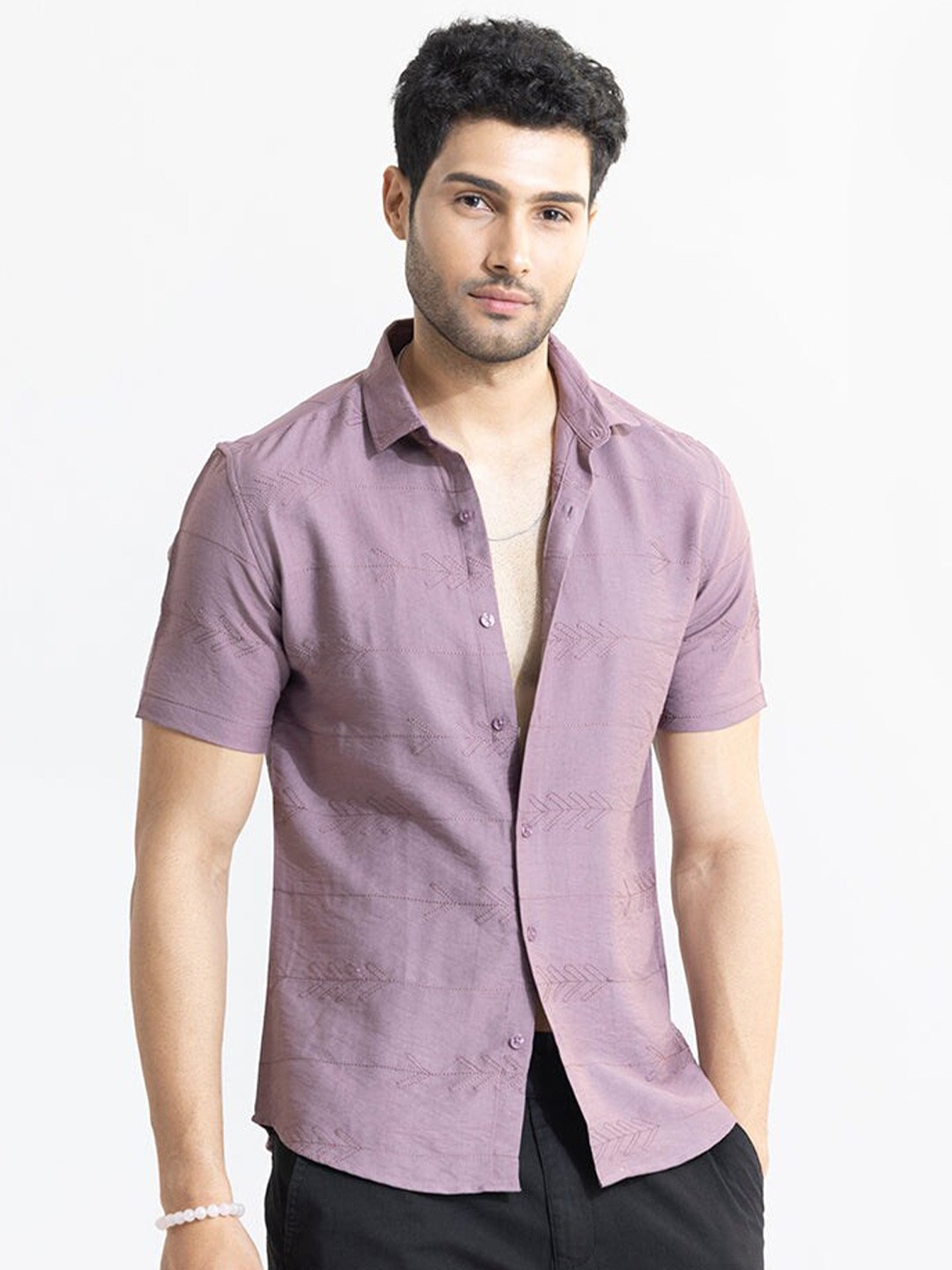 

Snitch Classic Slim Fit Short Sleeves Spread Collar Cotton Opaque Casual Shirt, Purple