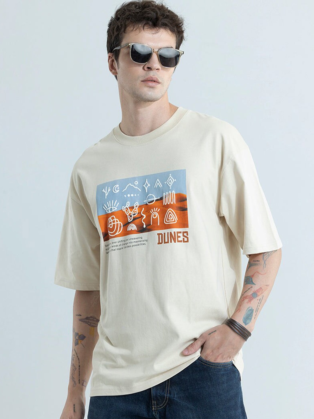 

Snitch Printed Short Sleeves Round Neck Cotton Oversized T-shirt, Cream