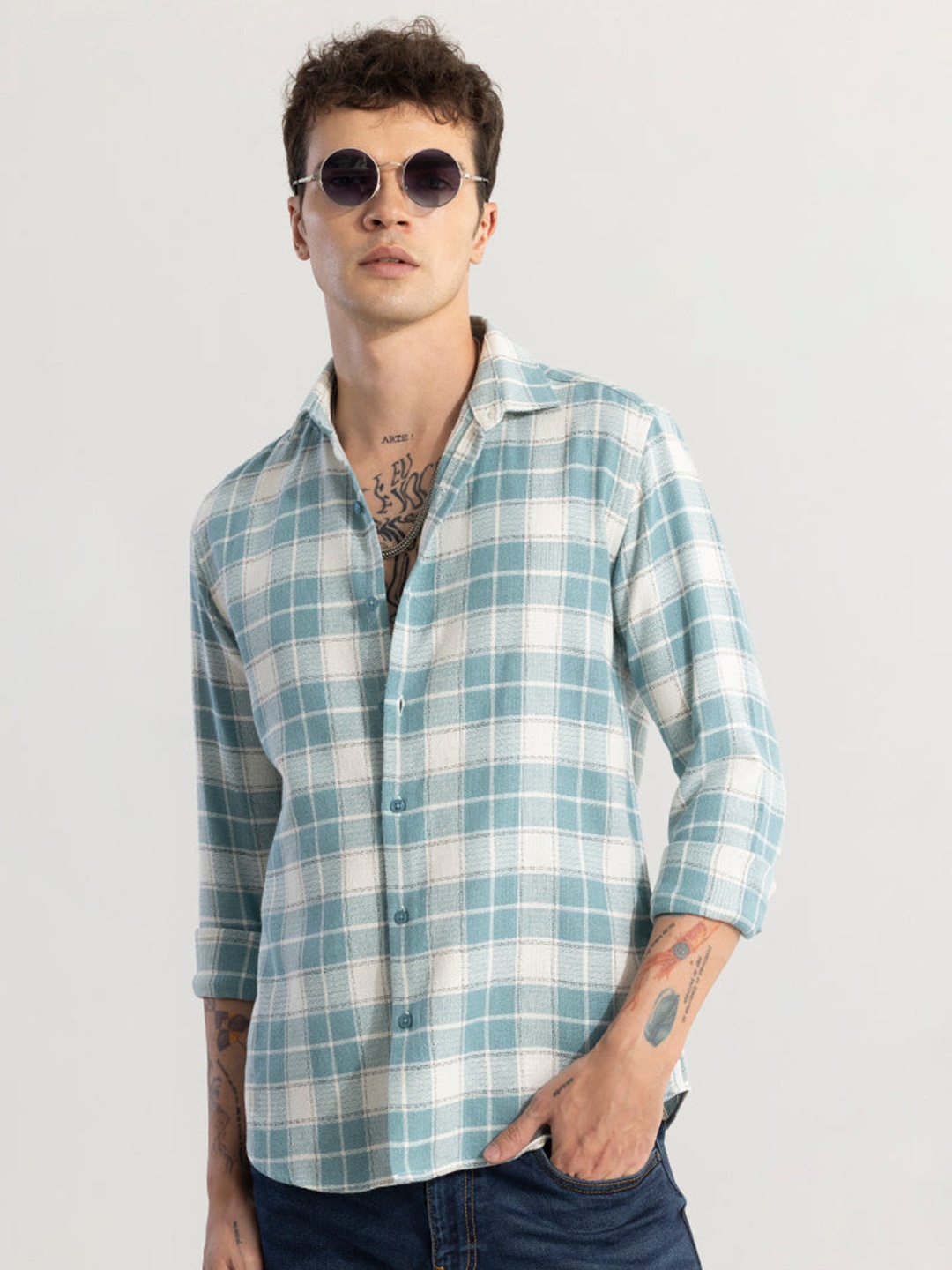 

Snitch Blue Classic Slim Fit Tartan Checked Cotton Casual Shirt