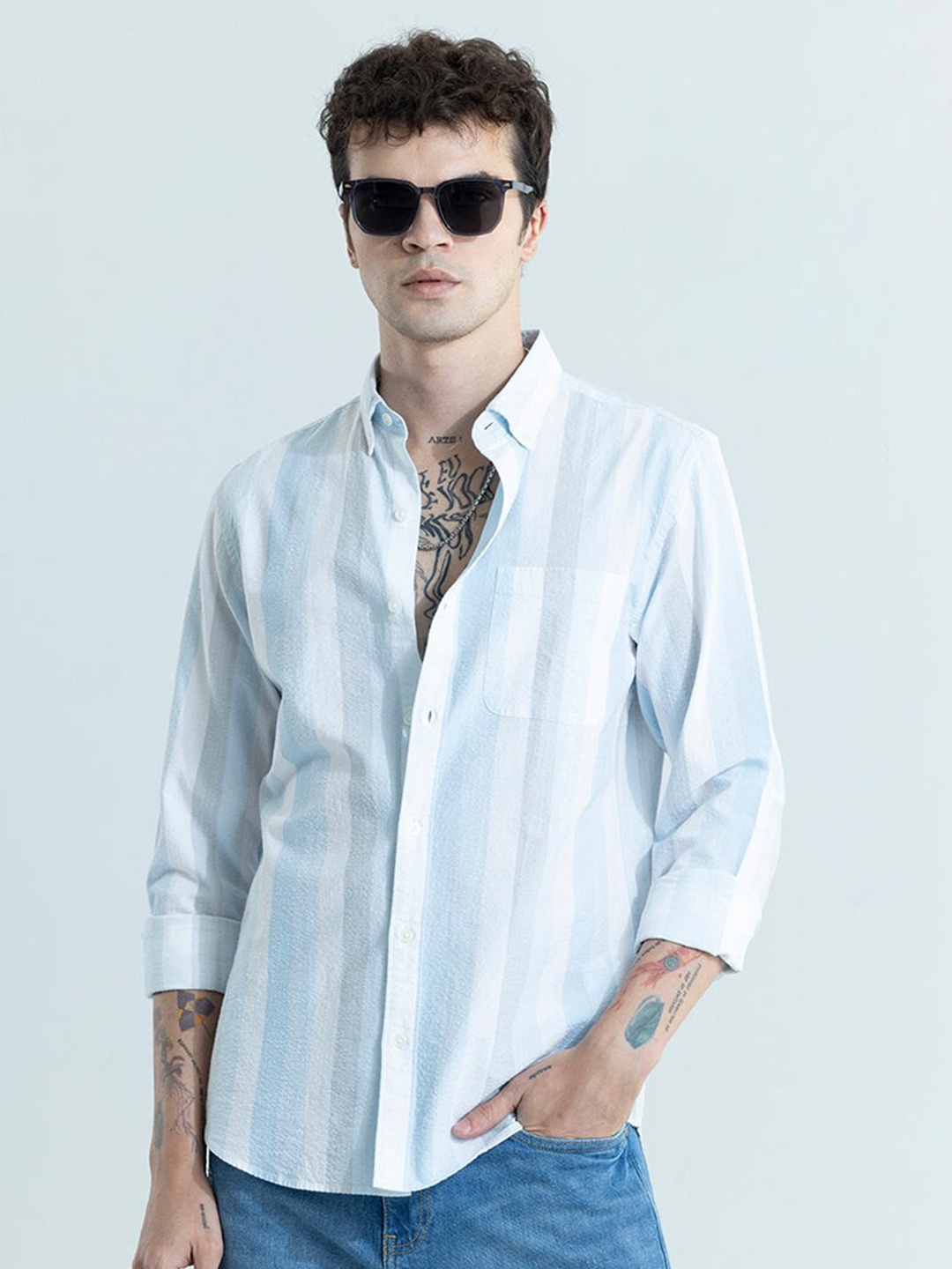 

Snitch Classic Slim Fit Long Sleeves Spread Collar Cotton Opaque Casual Shirt, Blue