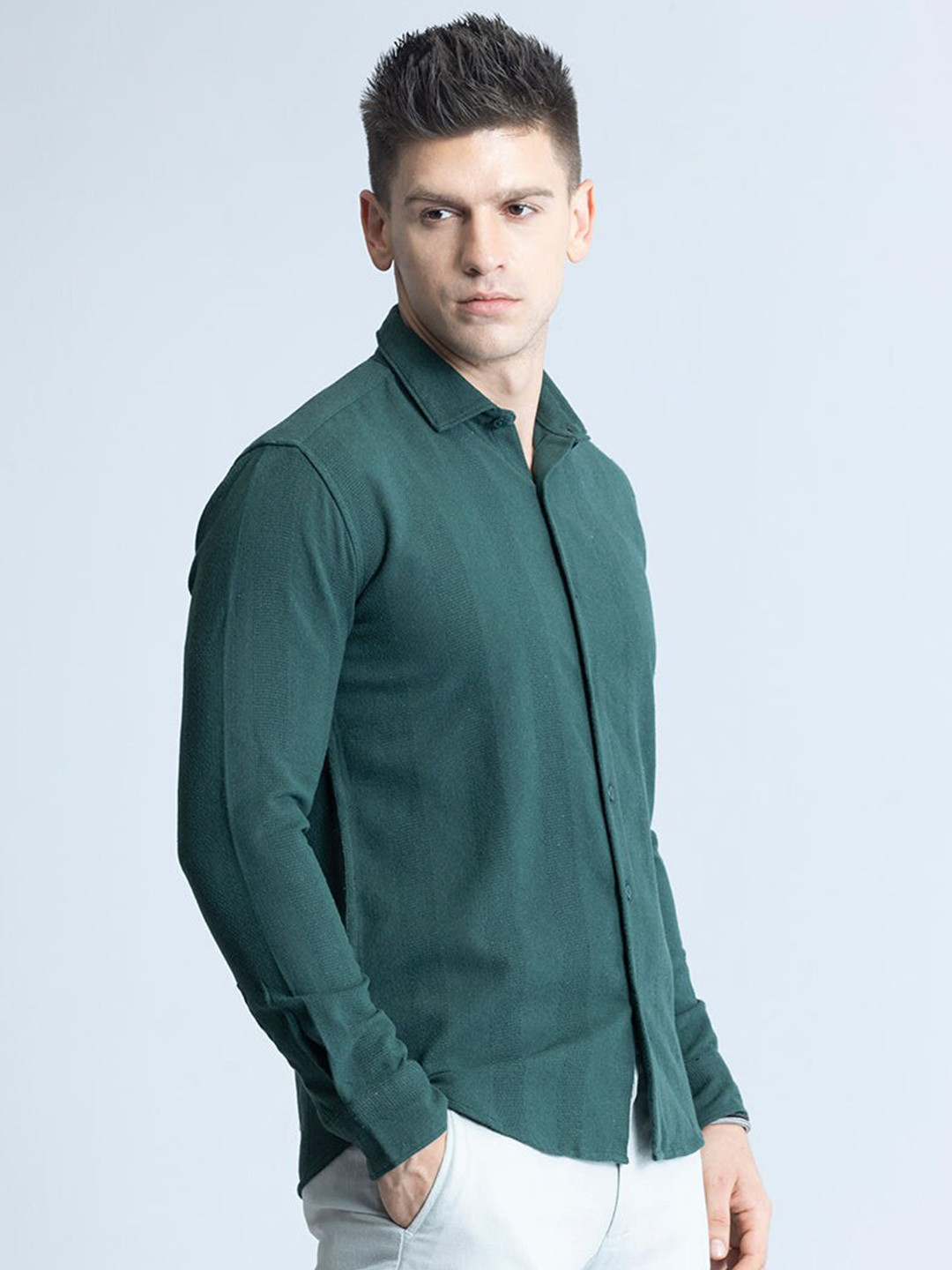 

Snitch Green Striped Classic Slim Fit Cotton Casual Shirt