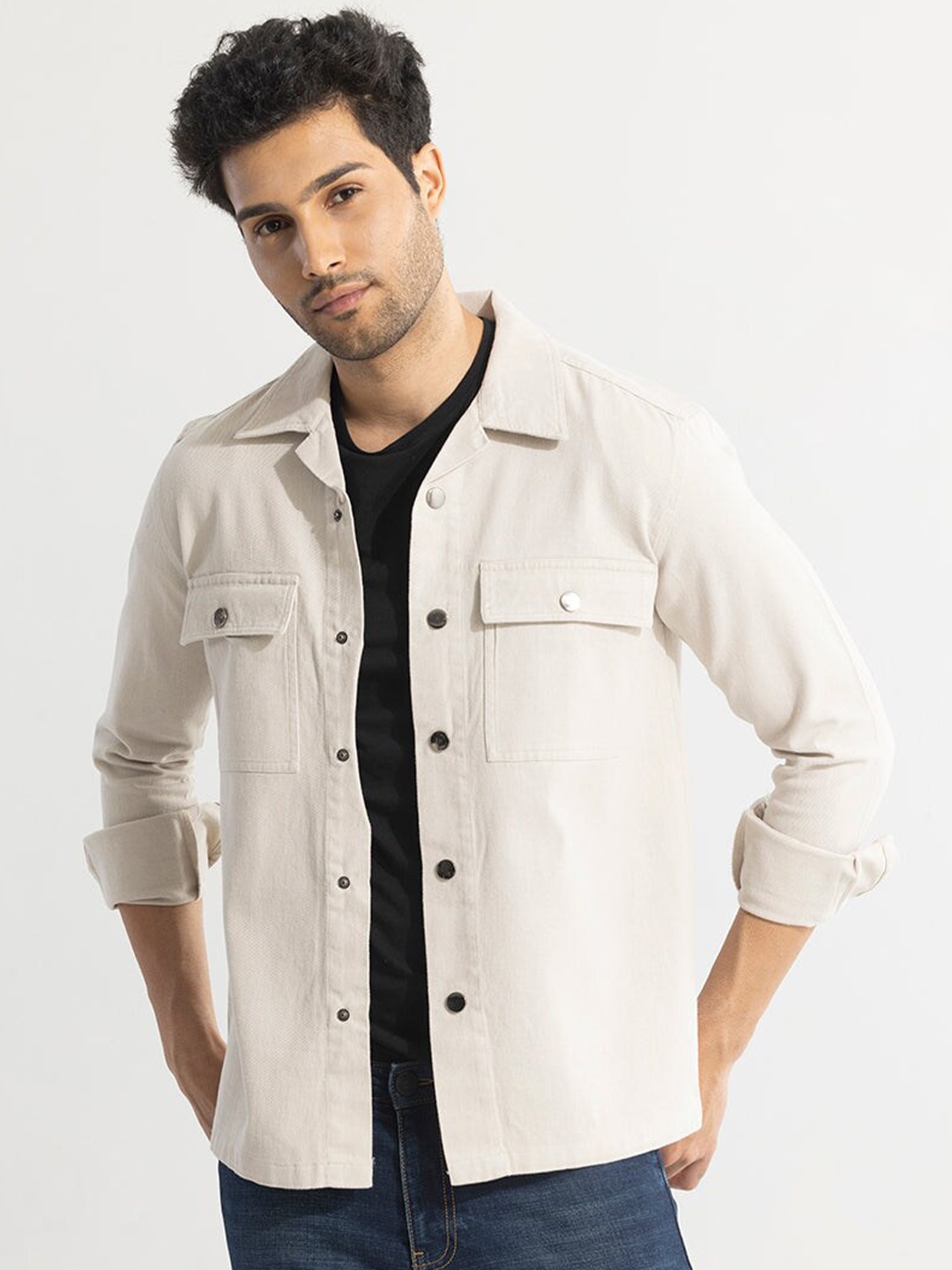 

Snitch Classic Long Sleeves Spread Collar Cotton Opaque Striped Casual Shirt, Cream