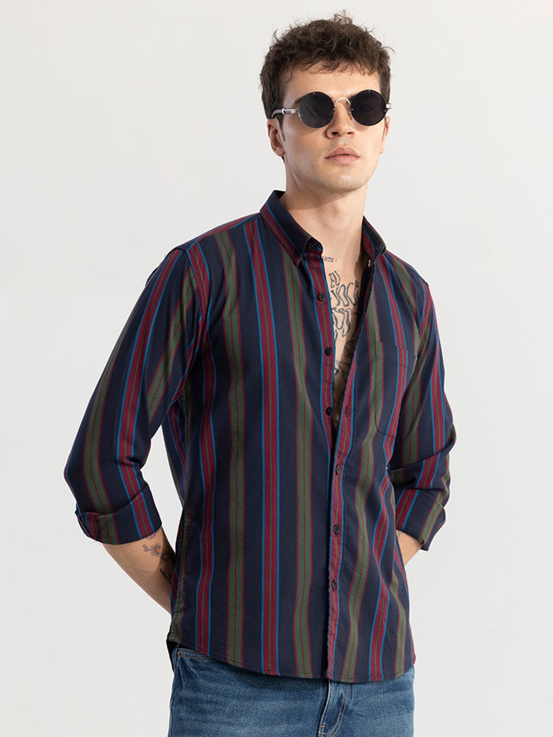 

Snitch Navy Blue Classic Slim Fit Striped Button-Down Collar Cotton Casual Shirt