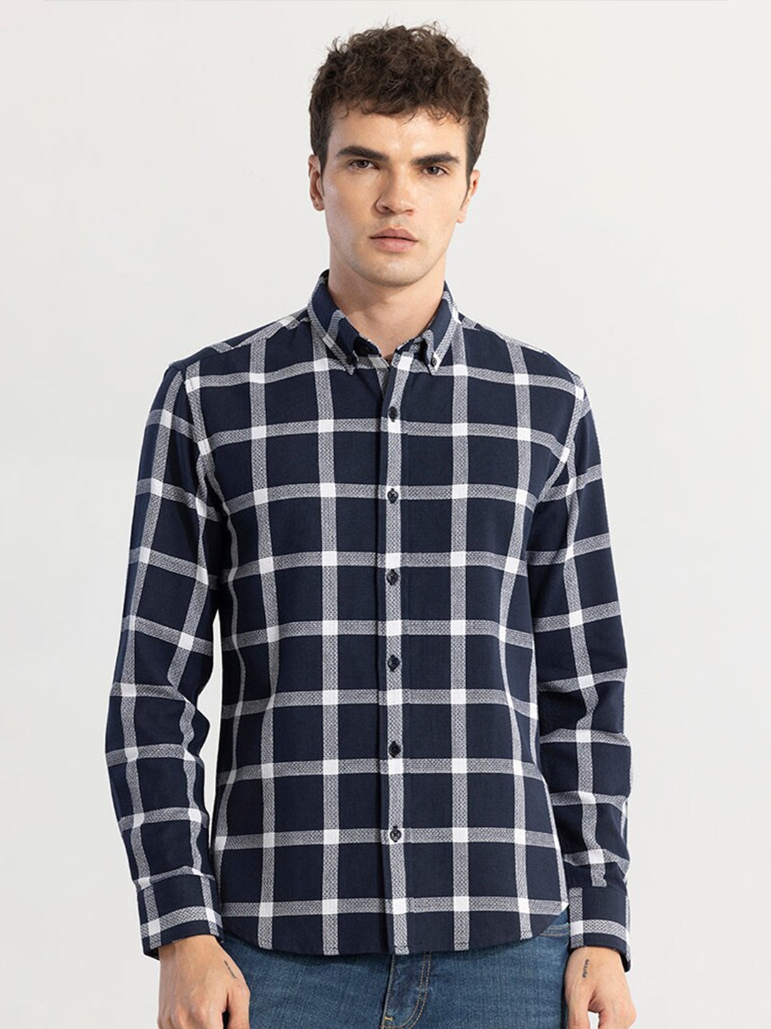 

Snitch Navy Blue Classic Slim Fit Checked Button-Down Collar Cotton Casual Shirt