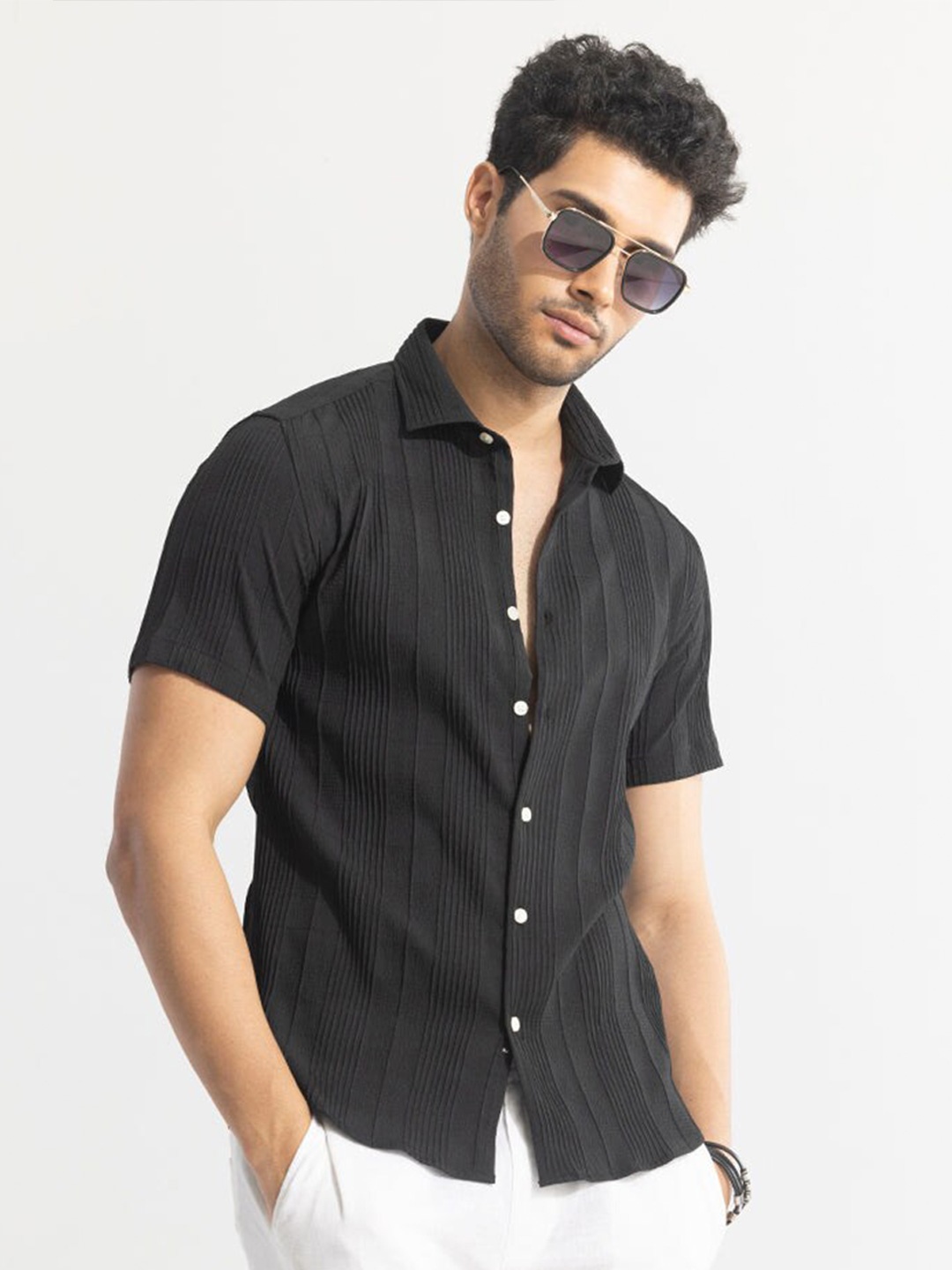 

Snitch Black Classic Slim Fit Striped Spread Collar Cotton Casual Shirt