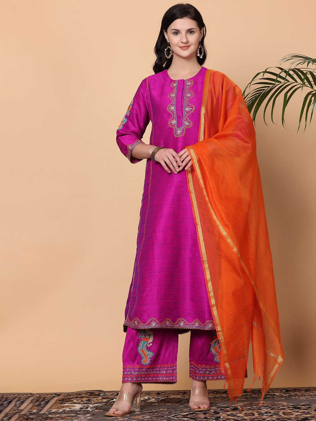 

KAANCHIE NANGGIA Ethnic Motifs Embroidered Pure Silk A-Line Kurta with Palazzos & Dupatta, Pink