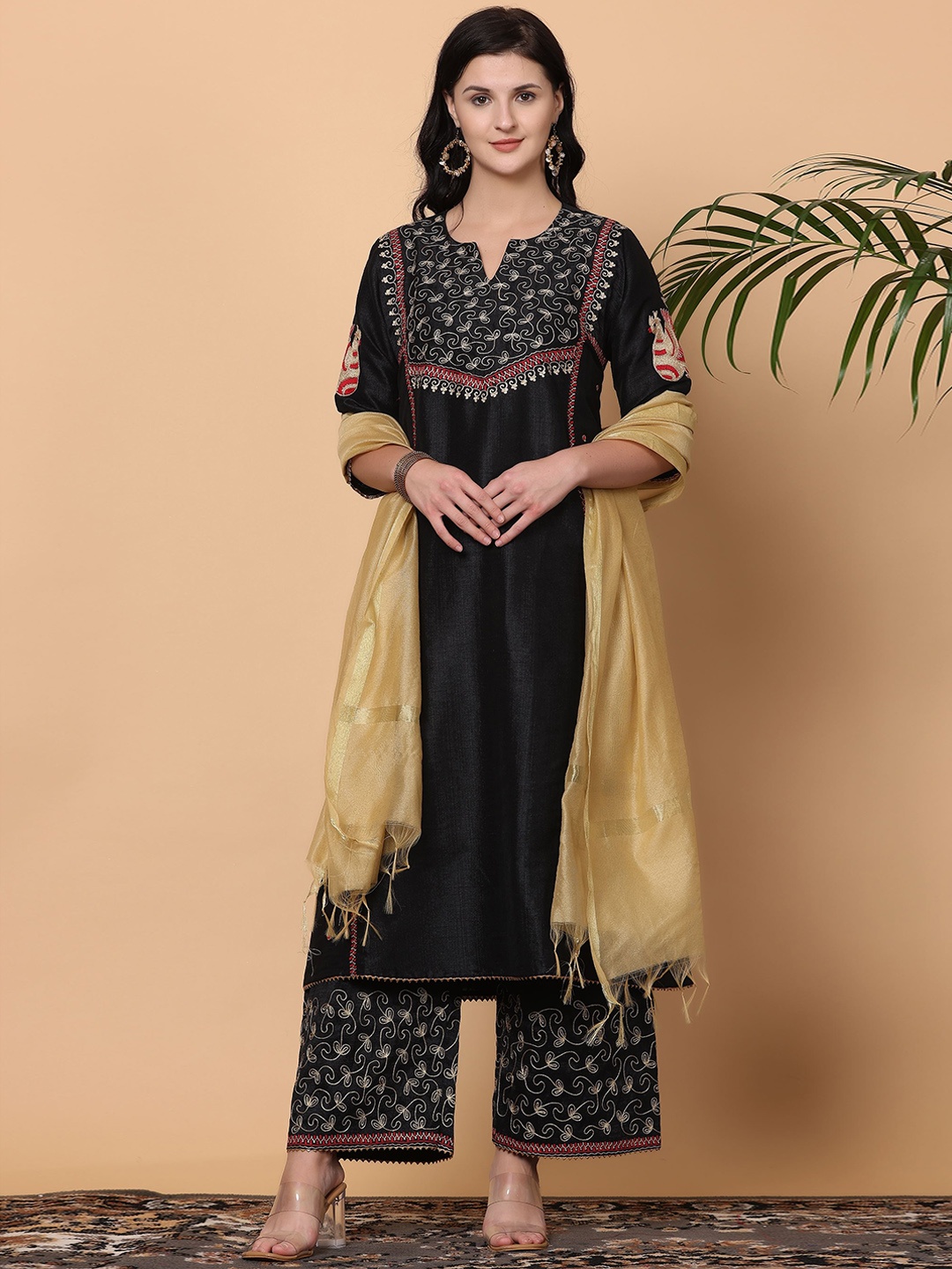 

KAANCHIE NANGGIA Ethnic Motifs Embroidered Pure Silk A-Line Kurta with Palazzos & Dupatta, Black