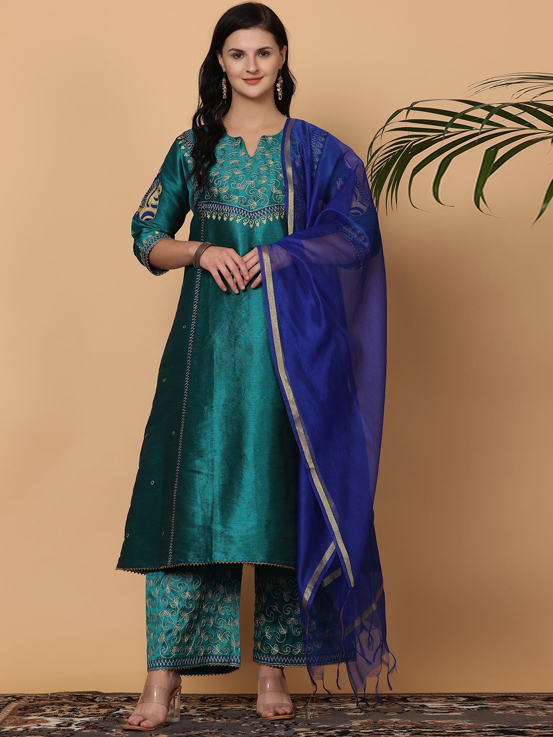 

KAANCHIE NANGGIA Ethnic Motifs Embroidered Pure Silk A-Line Kurta with Trousers & Dupatta, Teal