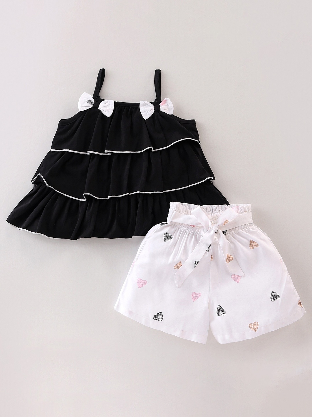 

CrayonFlakes Girls Printed Shoulder Straps Sleeveless Top with Short, Black