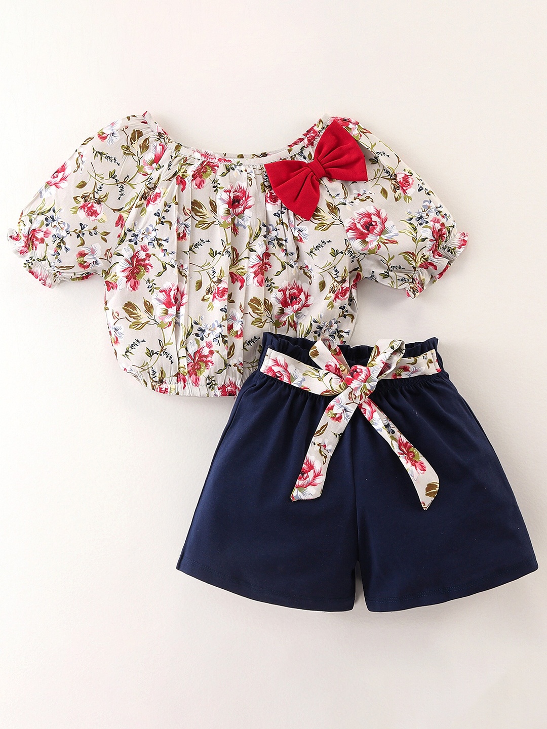 CrayonFlakes Girls Printed Top With Shorts, Off white