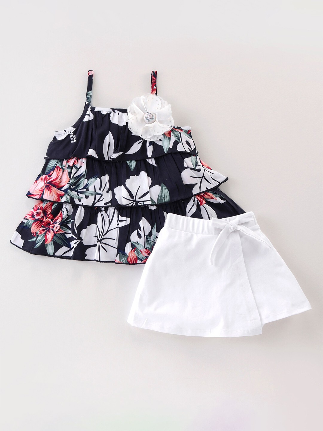 

CrayonFlakes Girls Printed Top With Shorts, Black