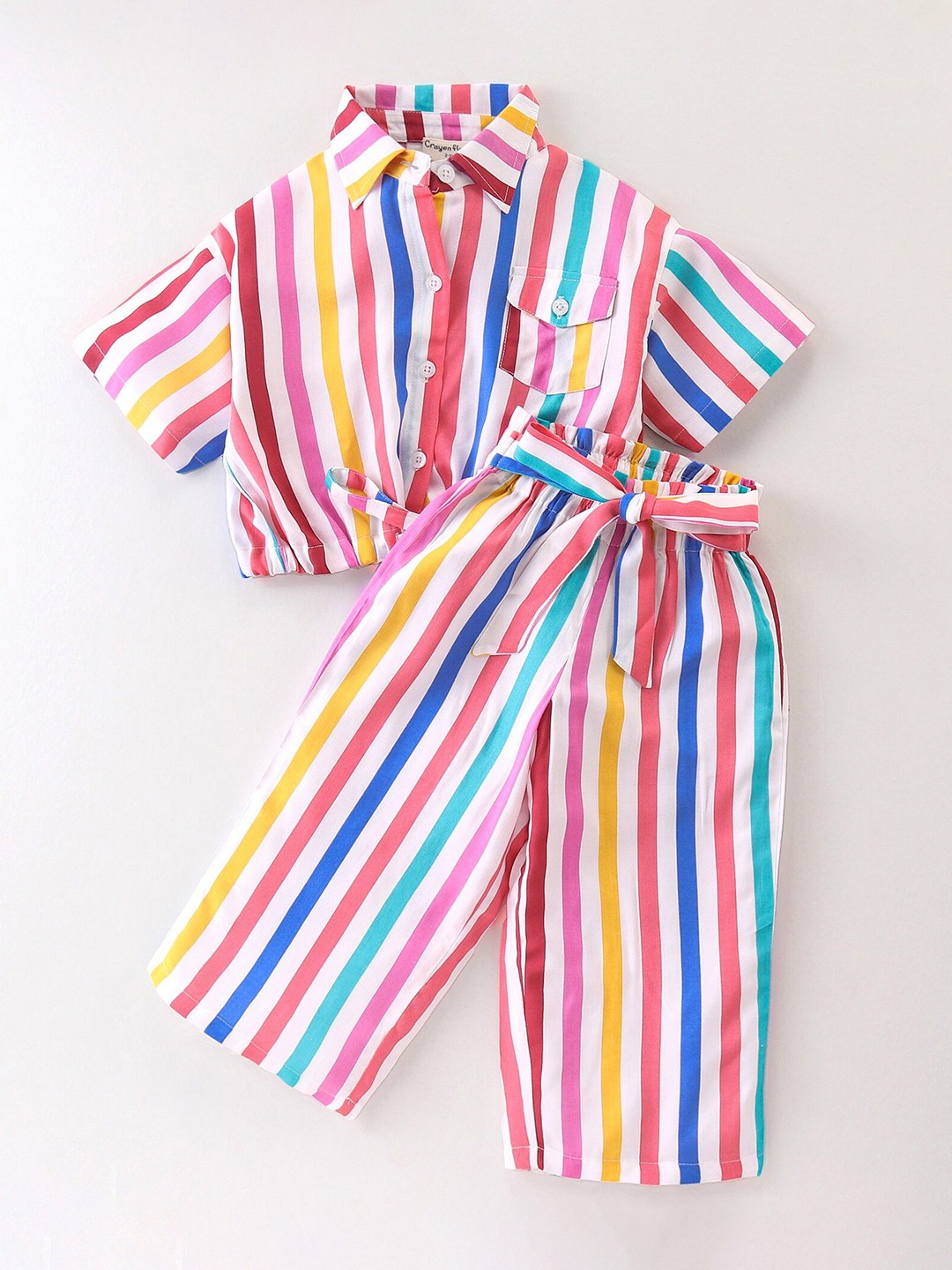 

CrayonFlakes Girls Striped Shirt Collar Short Sleeves Shirt with Palazzo, Off white