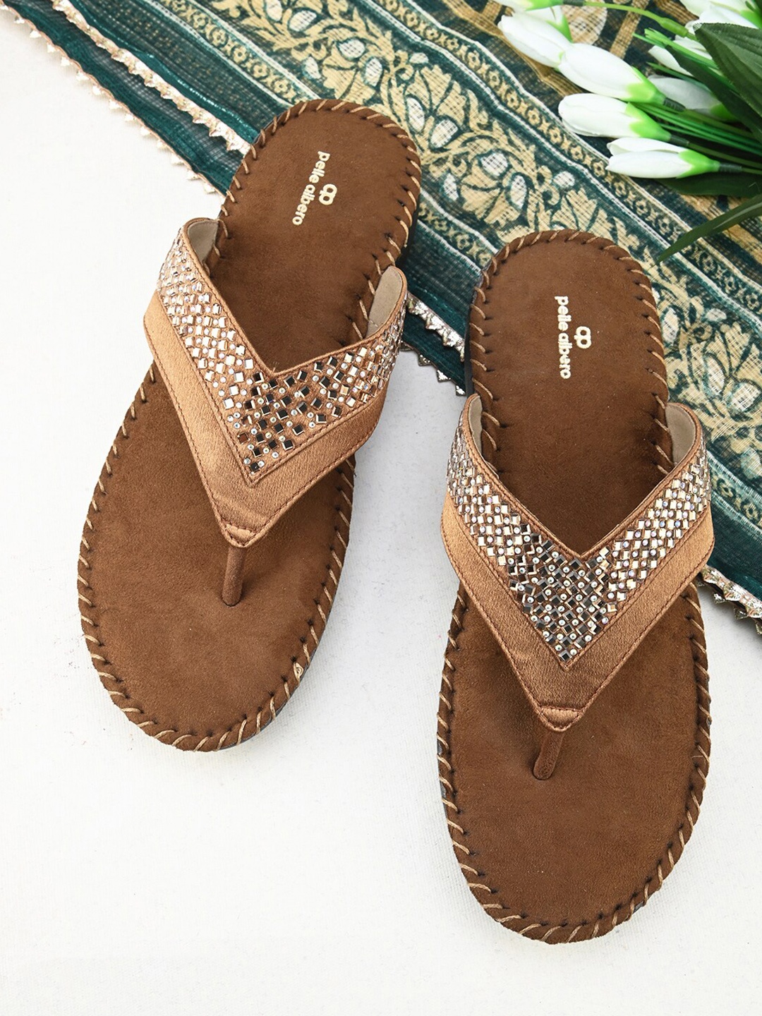 

pelle albero Textured Open Toe T-Strap Flats, Copper
