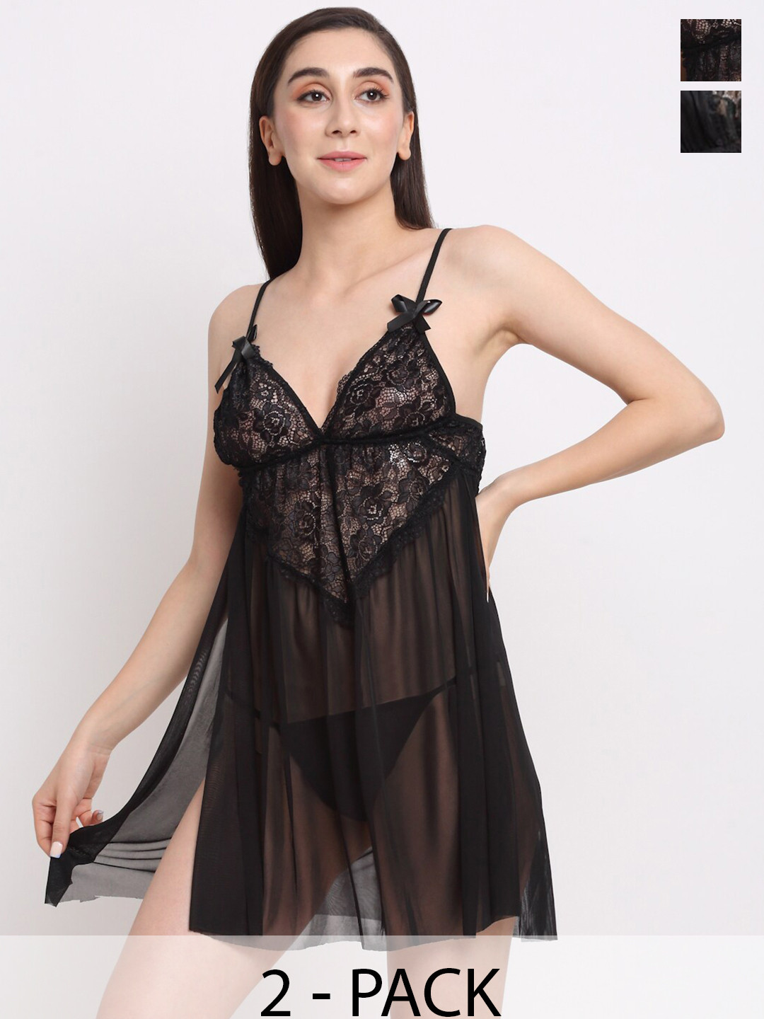 

The Mini NEEDLE Pack Of 2 Self Design Satin Baby Doll, Black