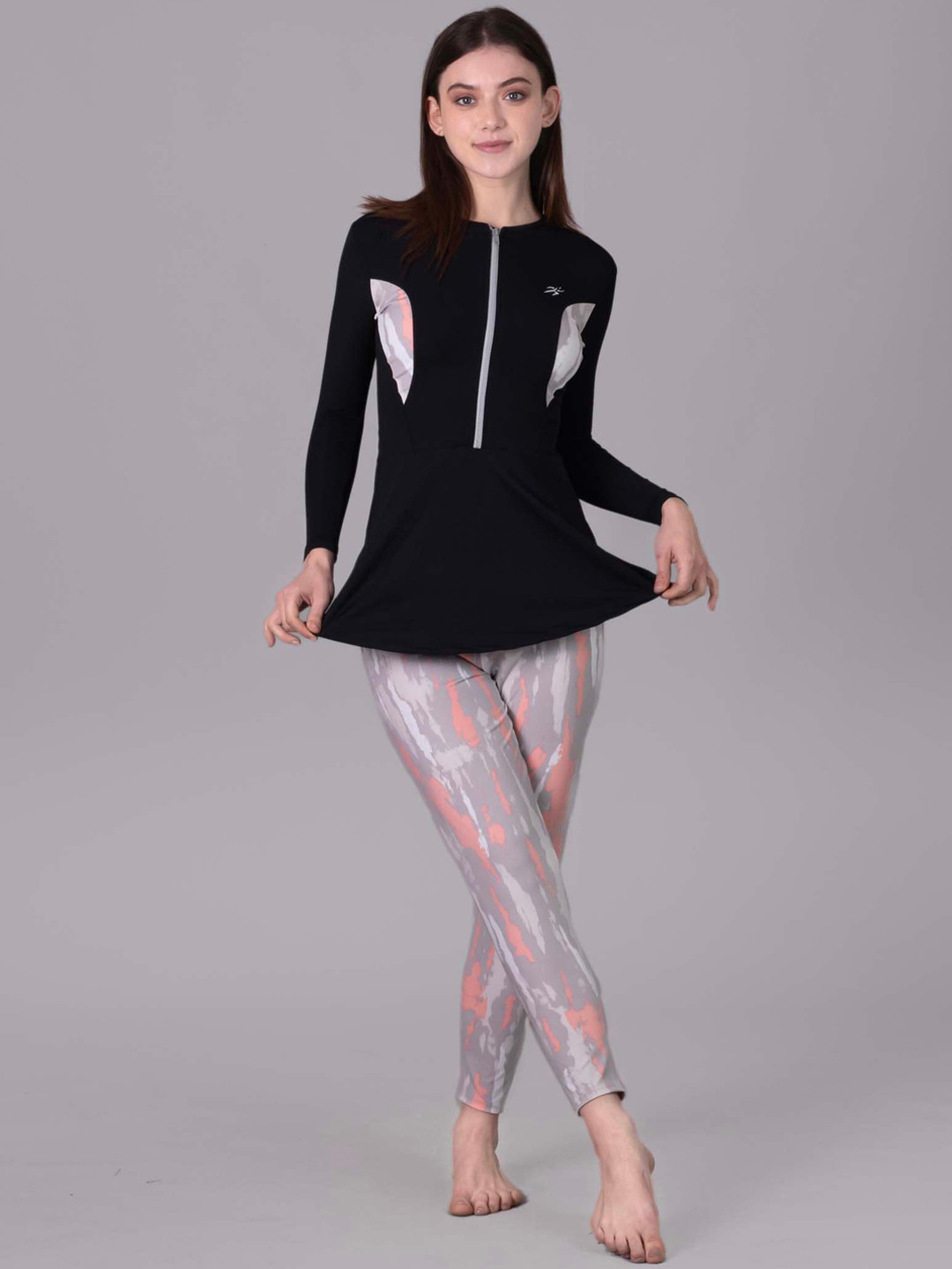 

Keepfit Colourblocked Long Sleeves Quick-dry Top & Tights Swim Set, Black