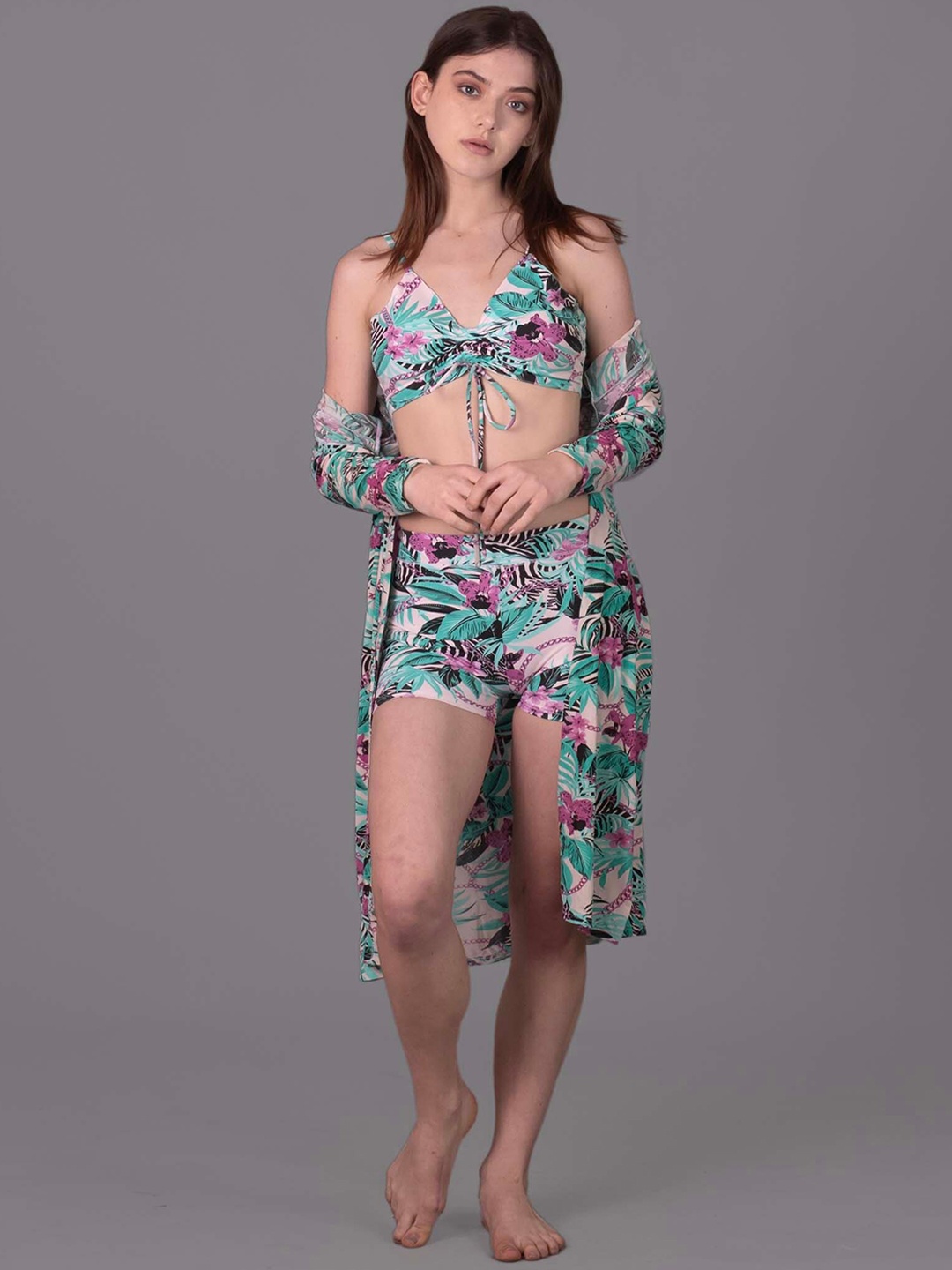 Keepfit Printed Bralette & Boy Shorts With Shrug, Green