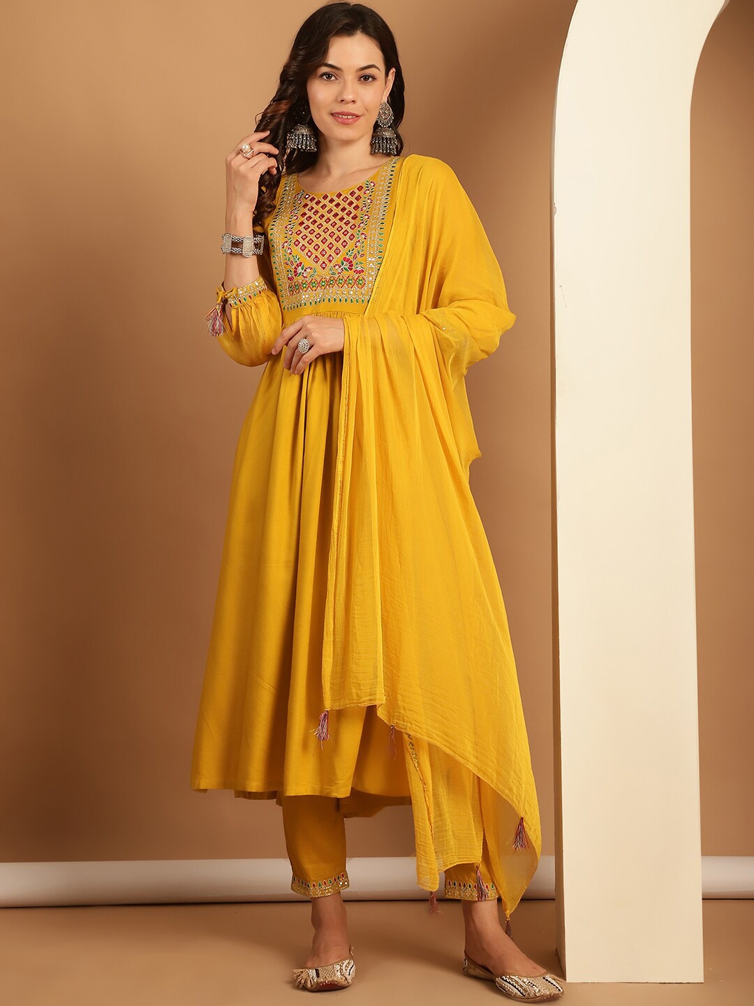 

Tulsattva Ethnic Motifs Embroidered Anarkali Kurta with Trousers & Dupatta, Mustard