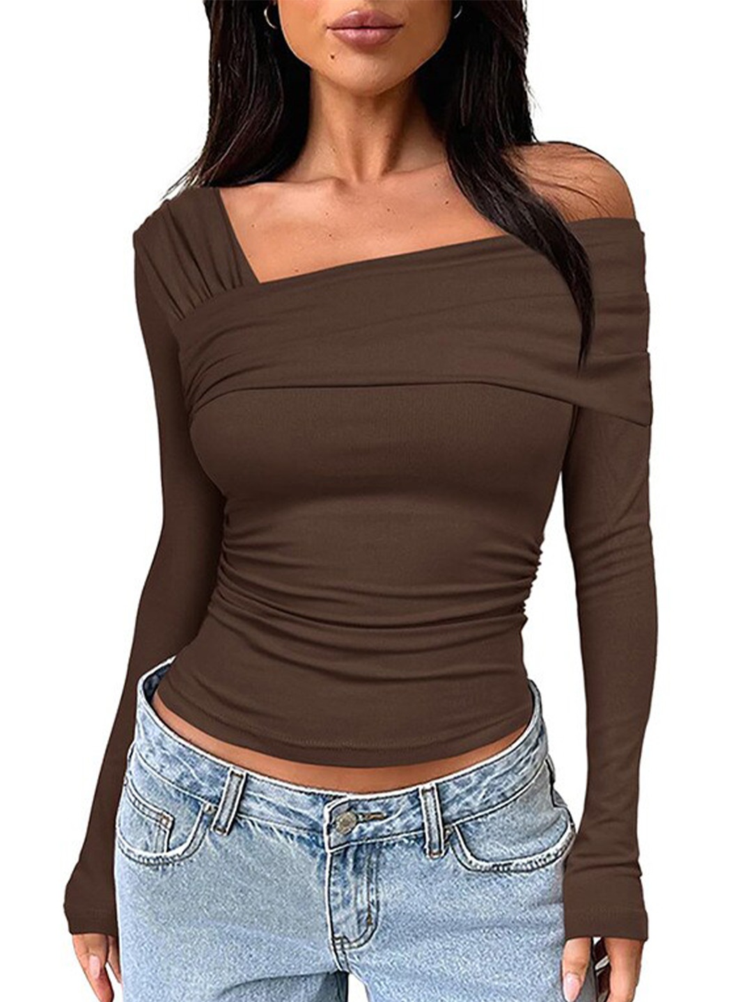 

all about you Brown Asymmetric Neck Gathered Detailed Fitted Crop Top