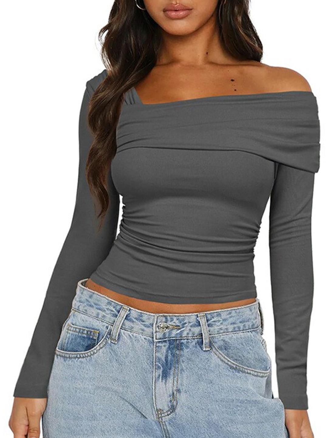 

all about you Grey Asymmetric Neck Gathered Detailed Fitted Crop Top