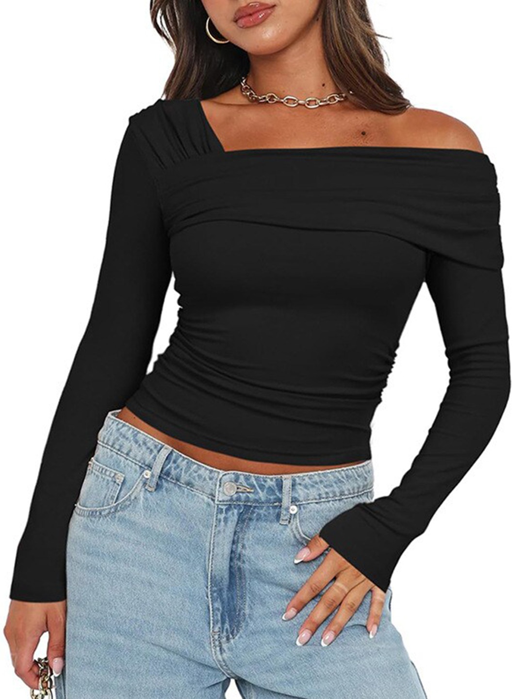 

all about you Black Asymmetric Neck Gathered Detailed Fitted Crop Top